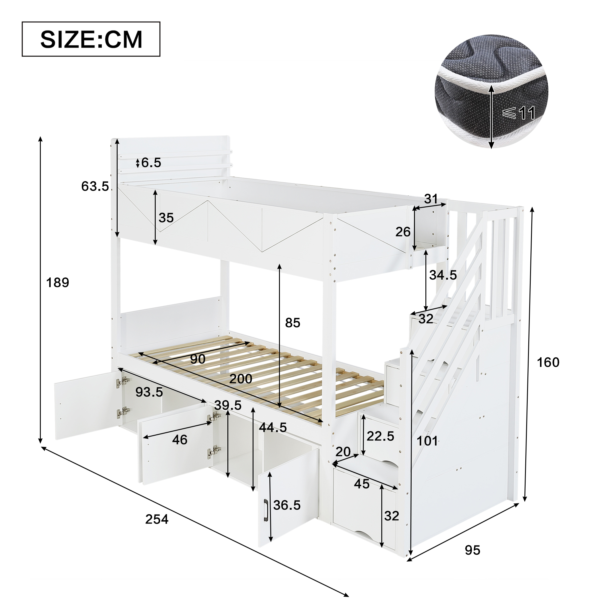 Lit superposé 90 x 200 cm, escalier de rangement, garde-corps, bois de pin, blanc, 254 x 95 x 189 cm 🛏️🪜 - vue complémentaire 1