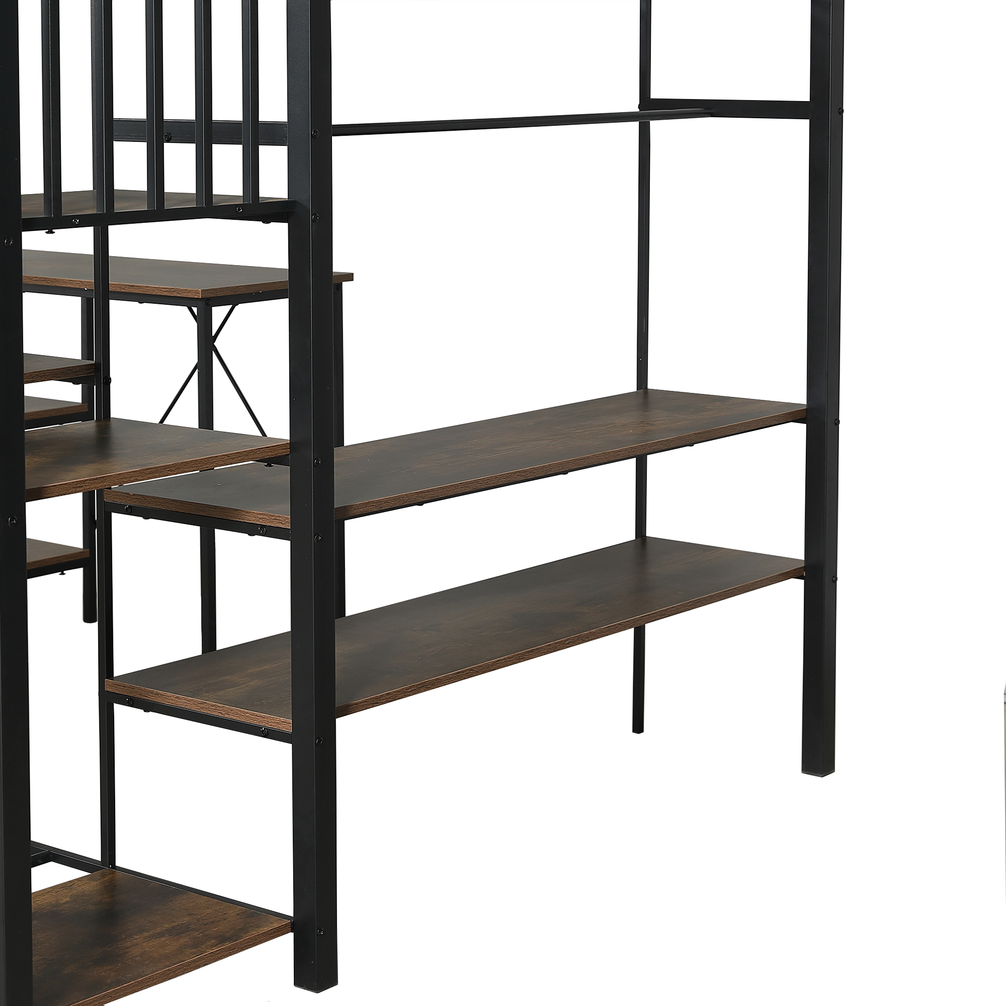 Lit mezzanine en fer avec bureau, étagères ouvertes, penderie ouverte latérale avec tringle, échelle-coffre 4 marches, pour chambre et étude, beaucoup de rangement, utilisation polyvalente, stabilité, fonctionnalité - image 23