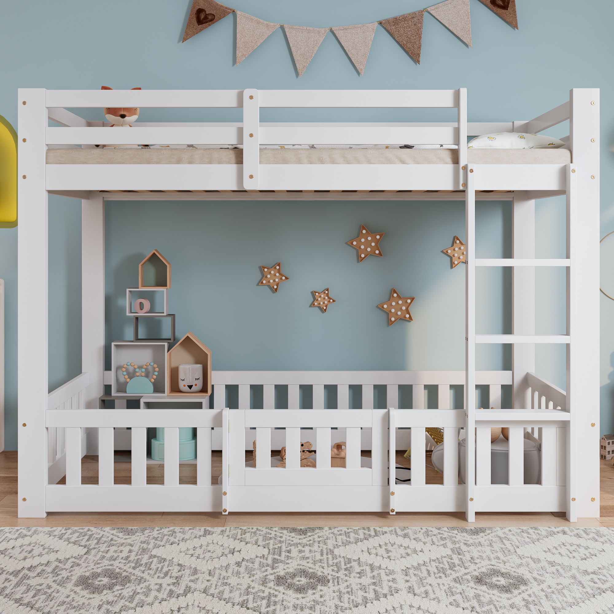 Lit superposé 90 x 200 cm, escalier d’angle, garde-corps, espace sous le lit aménageable, rangements intégrés, bois de pin, blanc, 204 x 100,5 x 150 cm 🛏️🪜 - présentation 1