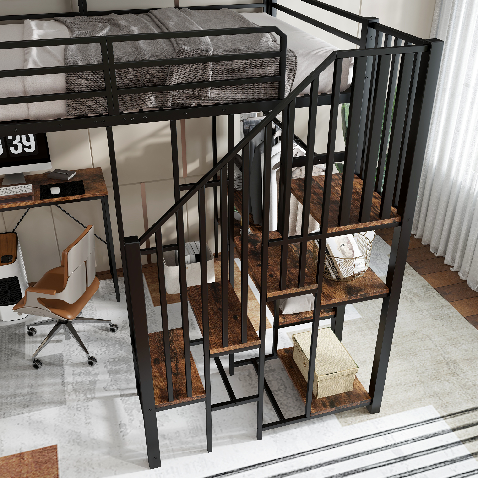 Lit mezzanine en fer avec bureau, étagères ouvertes, penderie ouverte latérale avec tringle, échelle-coffre 4 marches, pour chambre et étude, beaucoup de rangement, utilisation polyvalente, stabilité, fonctionnalité - image 21