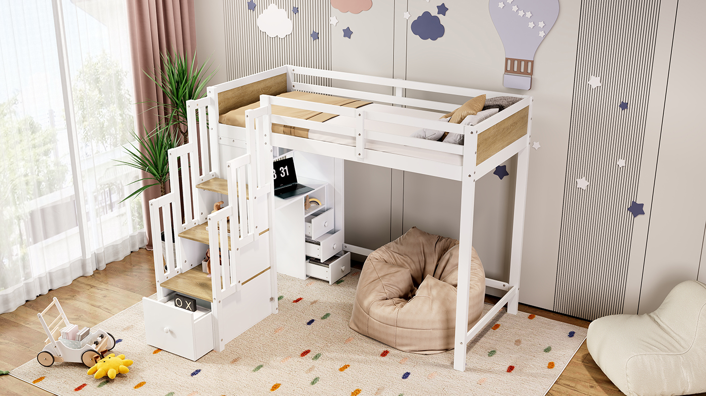 Lit mezzanine enfant blanc bois naturel avec bureau