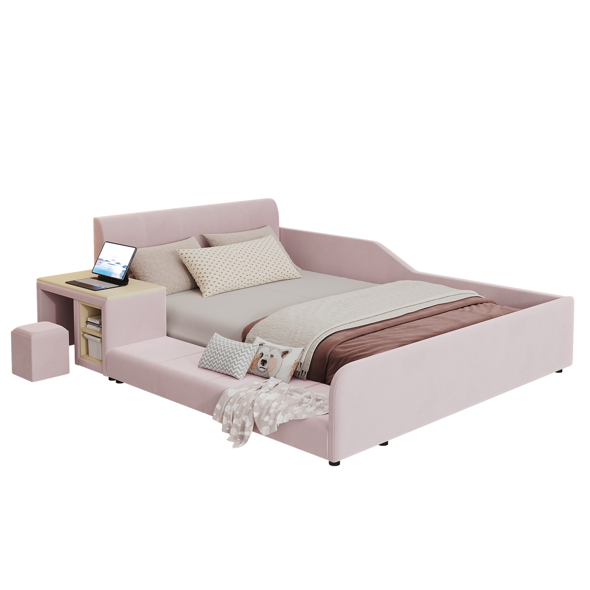 Lit rembourré 140 x 200 cm avec éclairage LED, rangements intégrés, bureau intégré, tabouret, rose - points forts 1