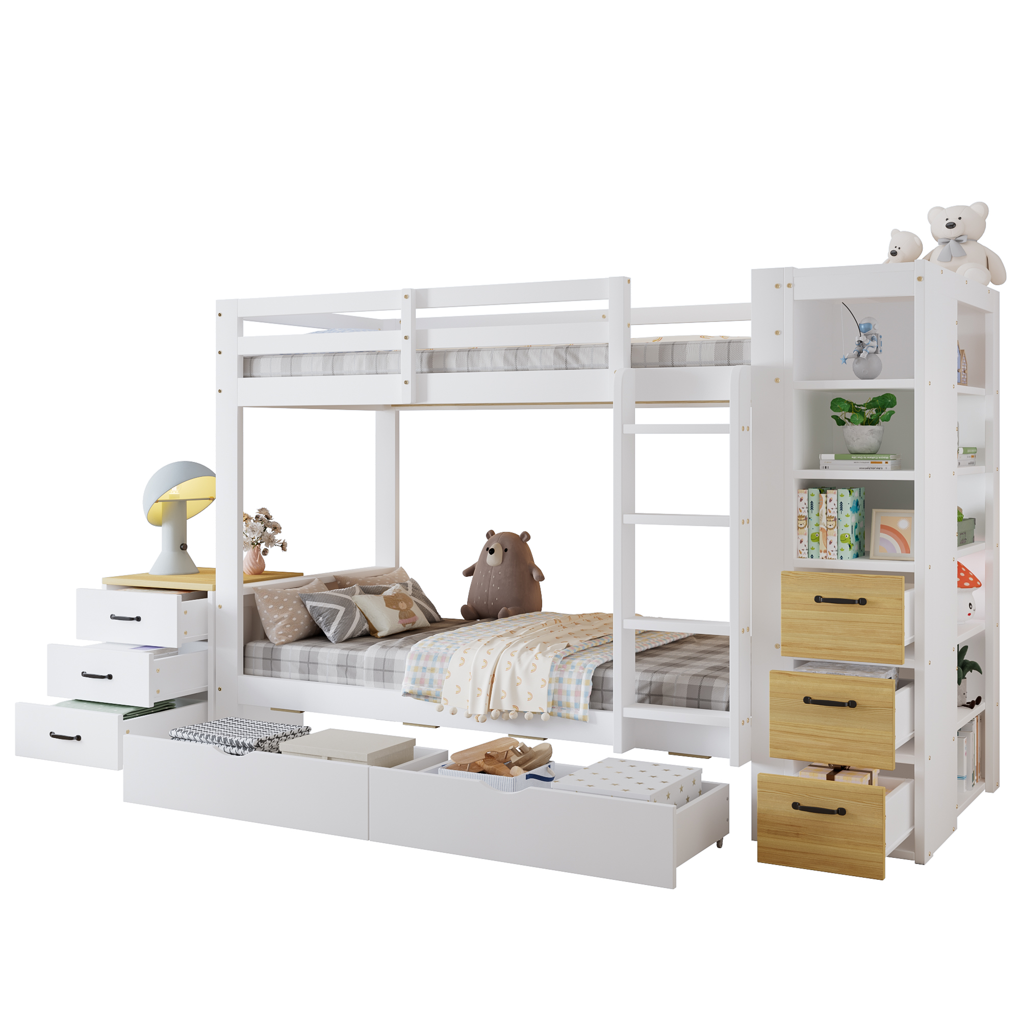Lit superposé 90 x 200 cm / 239 x 102 cm avec 2 tiroirs, échelle, LED, rangements, bois massif et MDF, Blanc et effet bois naturel - fonctions