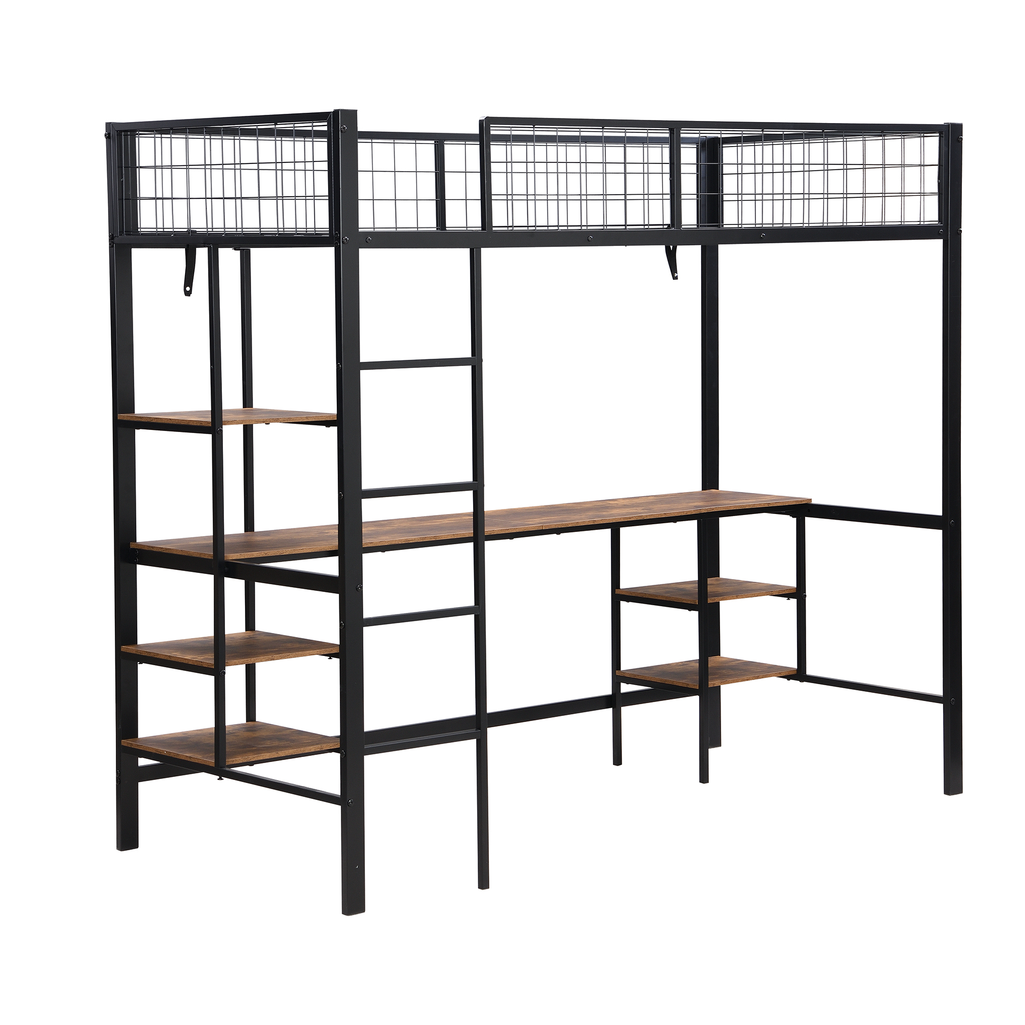 Lit superposé en fer avec échelle 4 marches, niveau inférieur transformé en espace travail et divertissement avec bureau et étagères, design polyvalent maximise l'espace, robuste et durable, pour chambre d'enfant - image 12
