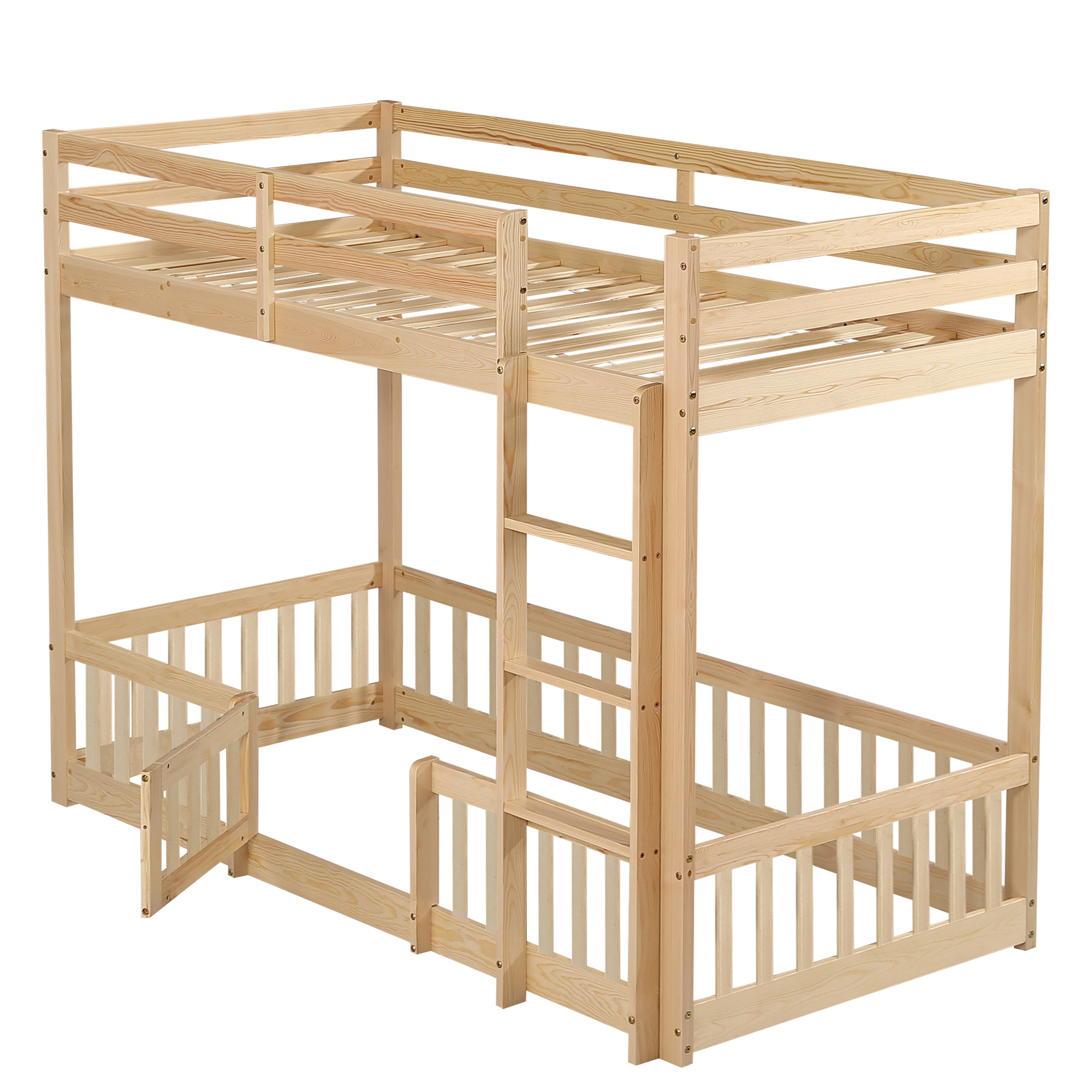 Lit superposé 90 x 200 cm, escalier d’angle, garde-corps, espace sous le lit aménageable, rangements intégrés, bois de pin, effet bois naturel, 204 x 100,5 x 150 cm 🛏️🪜 - spécifications 1