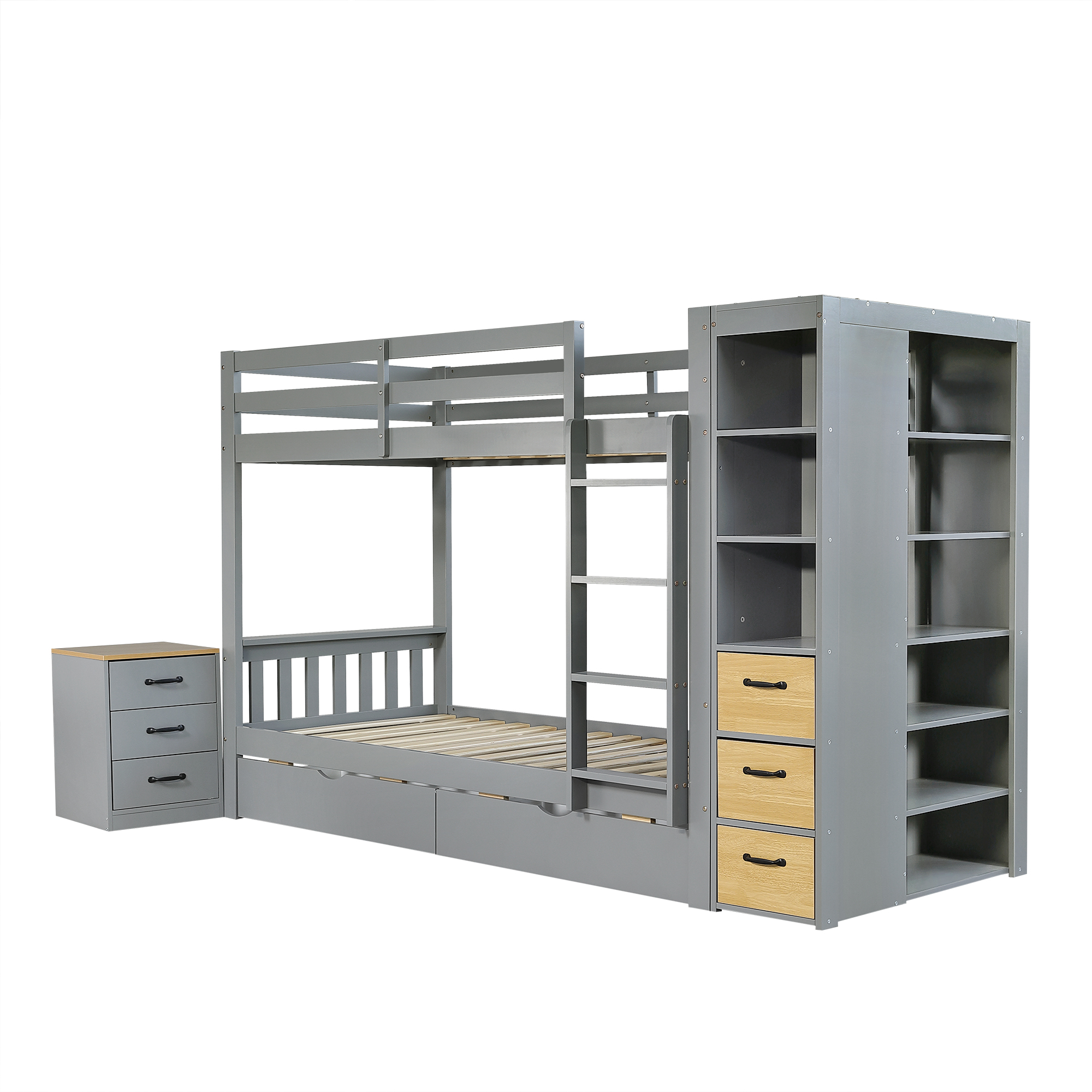 Lit superposé 90 x 200 cm / 239 x 102 cm avec 2 tiroirs, échelle, LED, rangements, bois massif et MDF, Gris clair et effet bois naturel - vue complémentaire