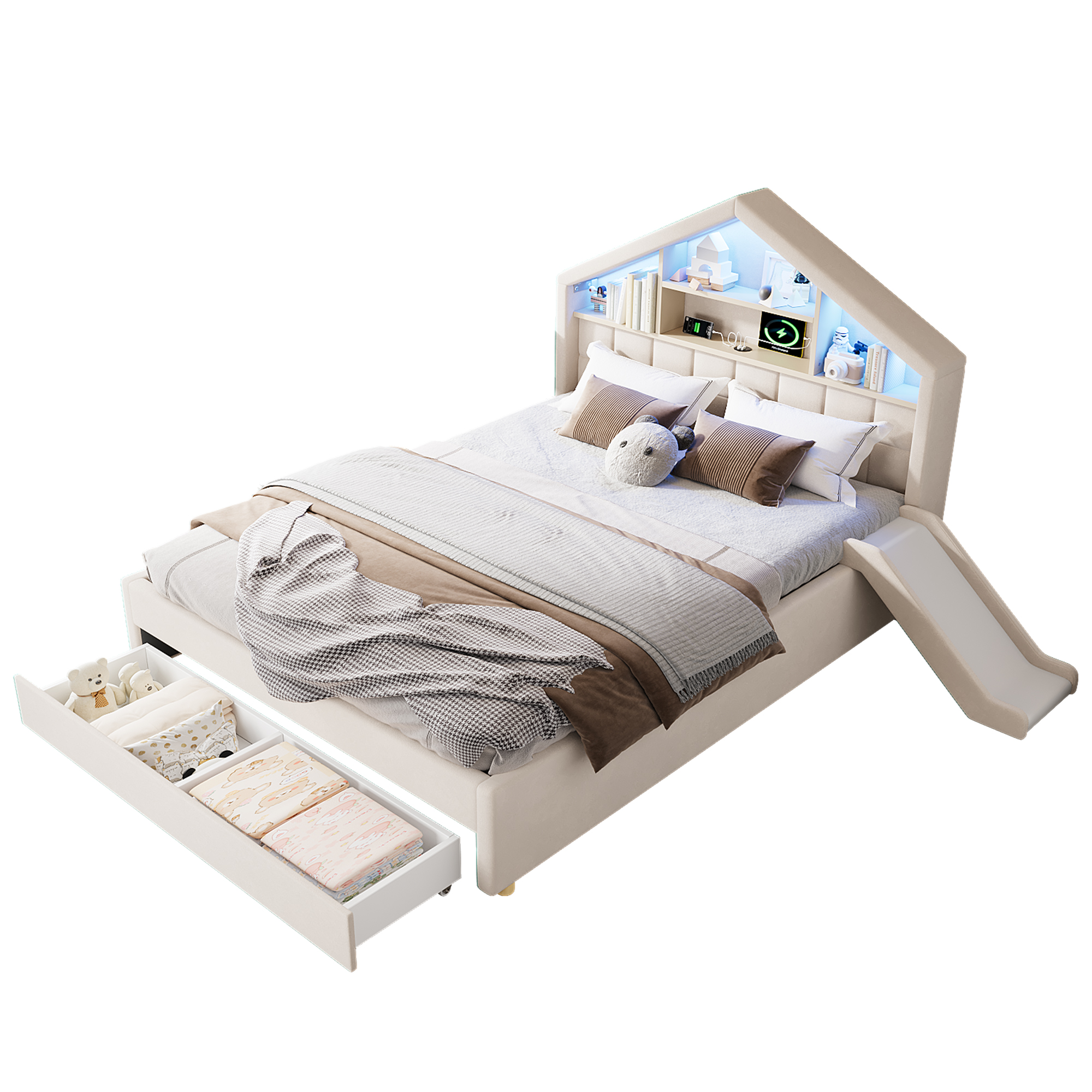 Lit cabane 140 x 200 cm avec échelle, toboggan, LED, ports de charge, velours, Beige - fonctions