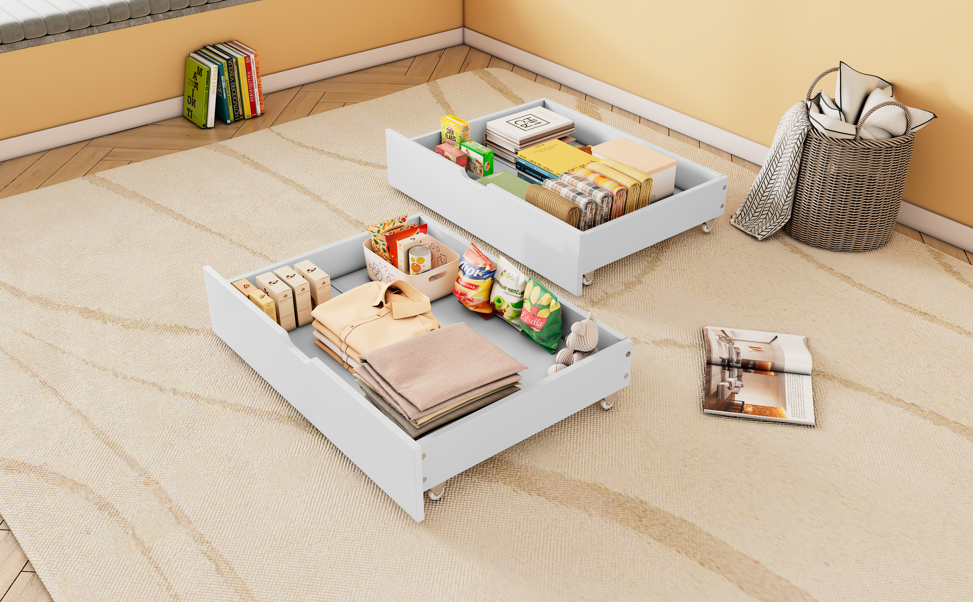 Tiroirs de rangement sous lit en MDF avec roulettes, blanc, 93x67x17 cm 6