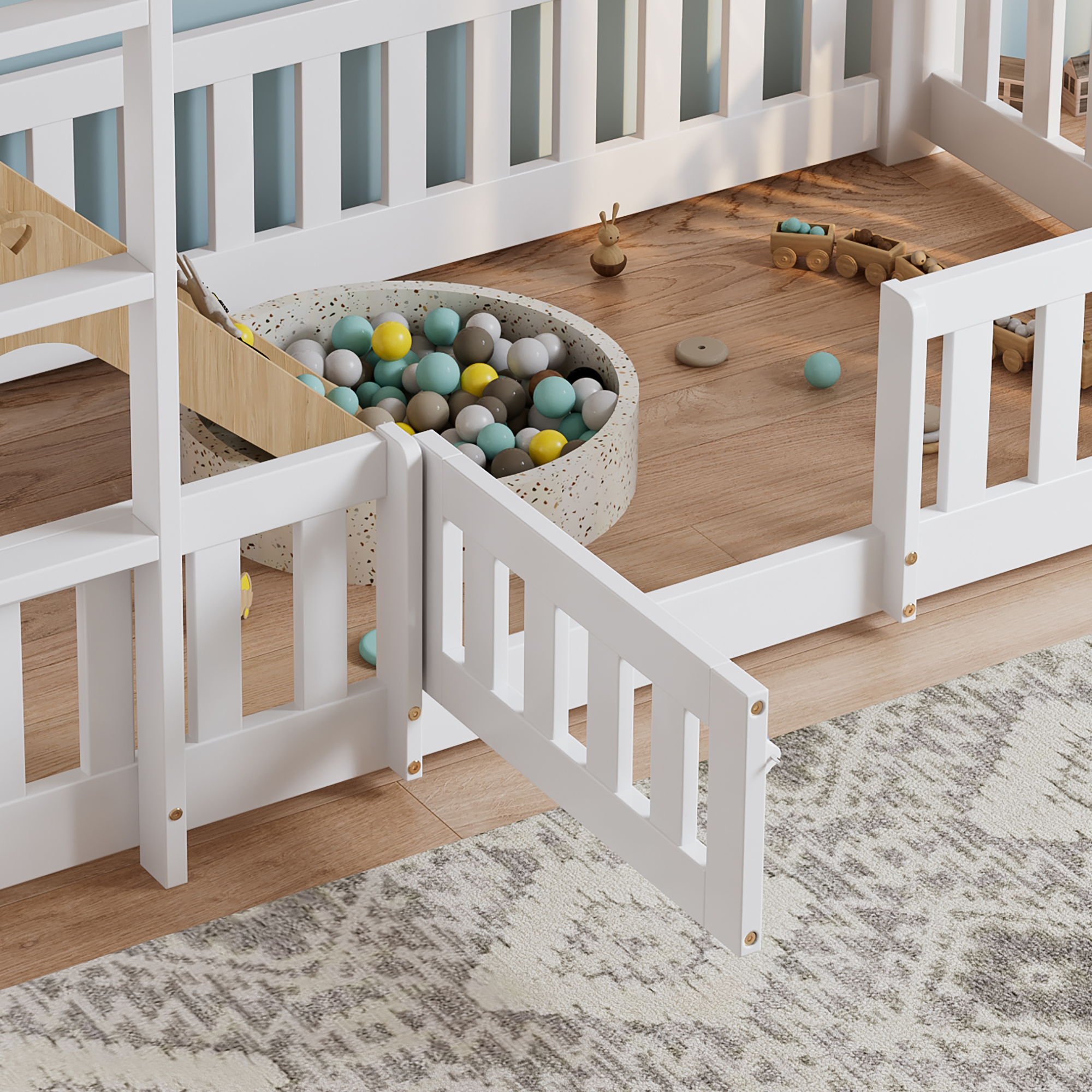 Lit superposé 90 x 200 cm, escalier d’angle, garde-corps, espace sous le lit aménageable, rangements intégrés, bois de pin, blanc, 204 x 100,5 x 150 cm 🛏️🪜 - points forts 1