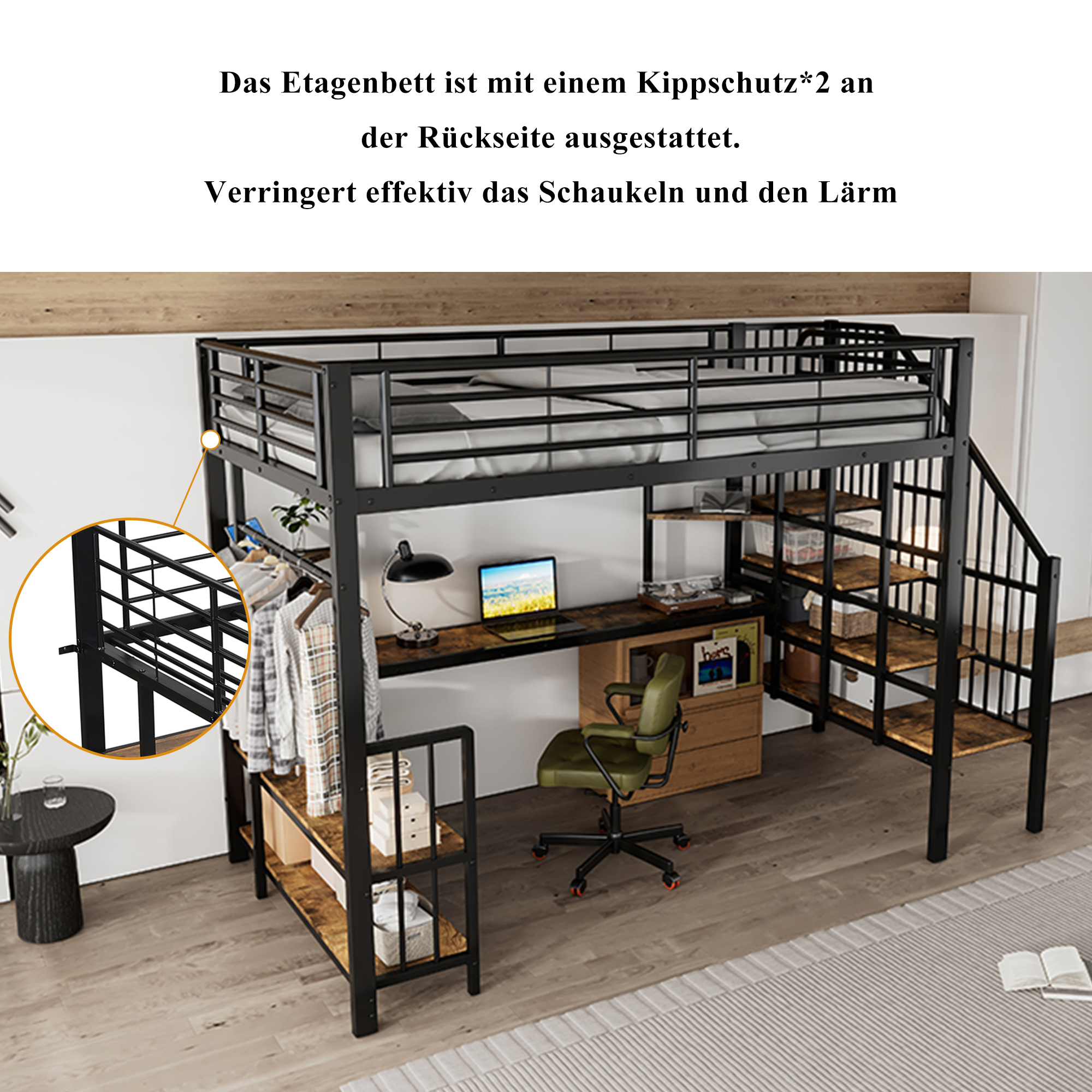 Lit mezzanine en fer noir avec bureau, étagères et port USB, 120x200 cm 6