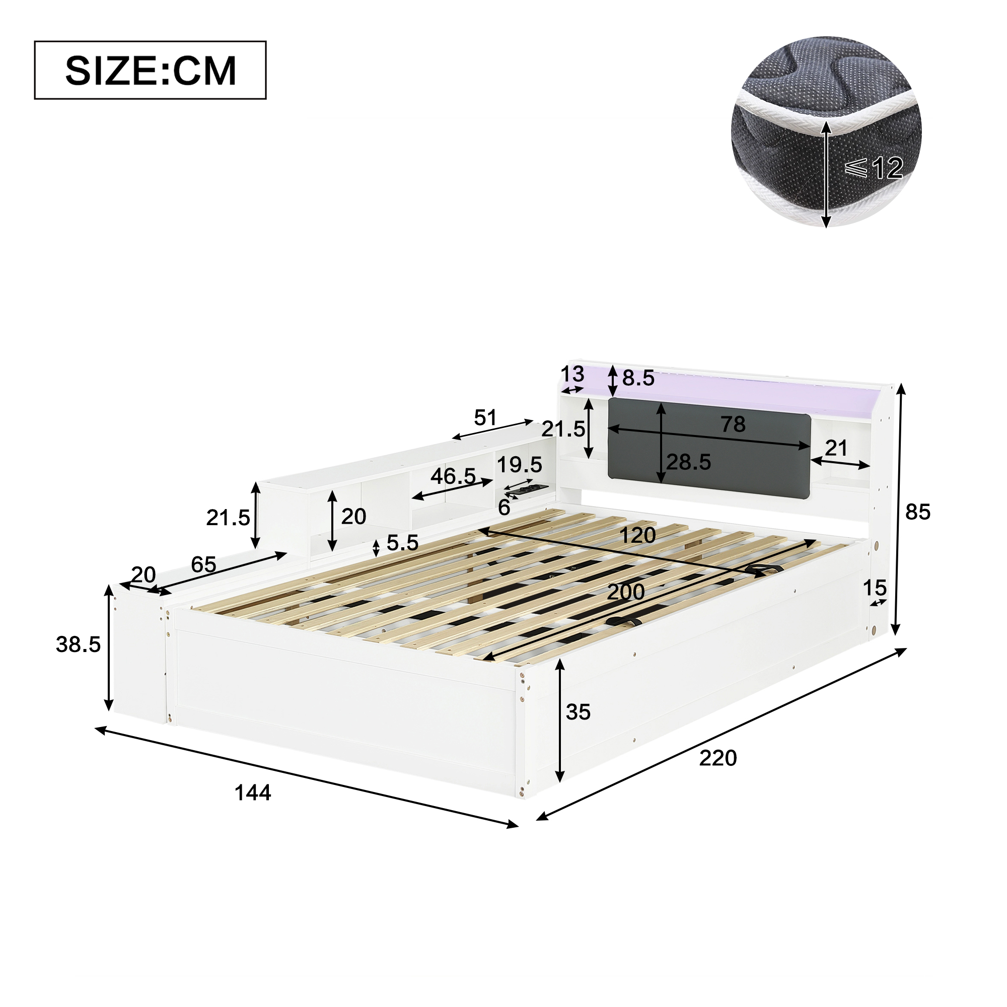 Lit / lit de chambre 120 x 200 cm avec éclairage LED, prises intégrées, rangements intégrés, rangement hydraulique, blanc - vue complémentaire 1
