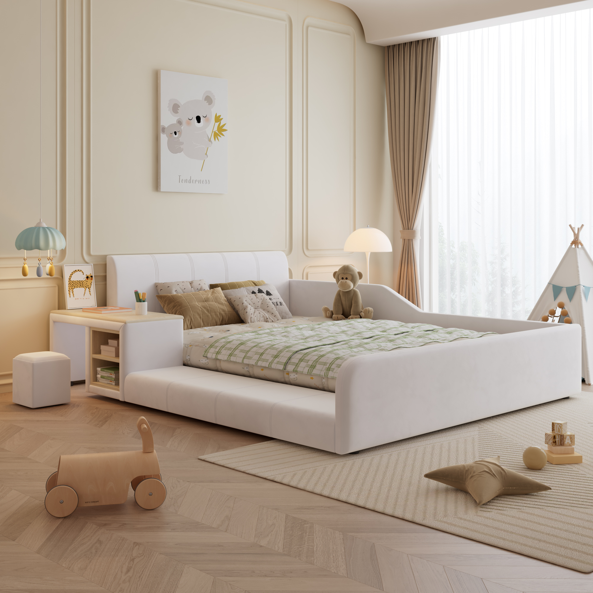 Polsterbett mit Kinderschreibtisch und Hocker, Mit