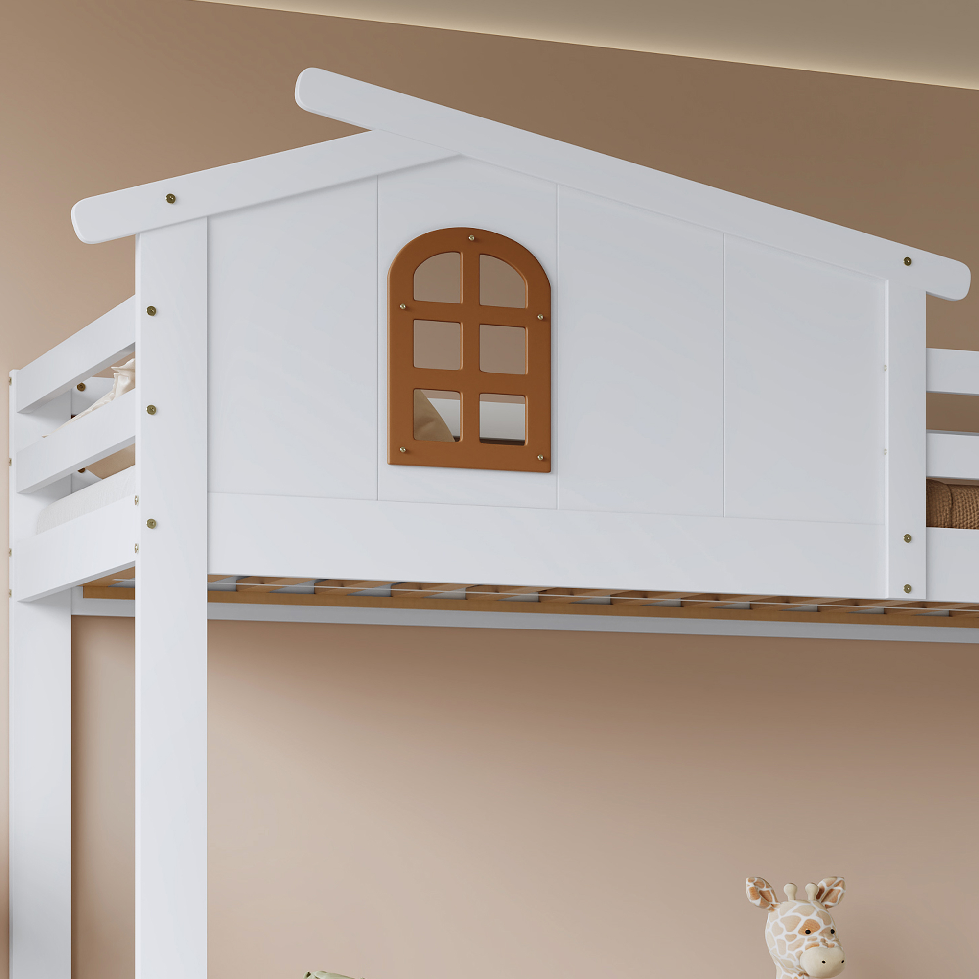 Lit superposé enfant pin/MDF/contreplaqué avec 2 tiroirs à roulettes, échelle-coffre d'angle, fenêtres exquises, pour chambre d'enfant, beaucoup de rangement, sécurité, design charmant, stabilité, durabilité - image 20