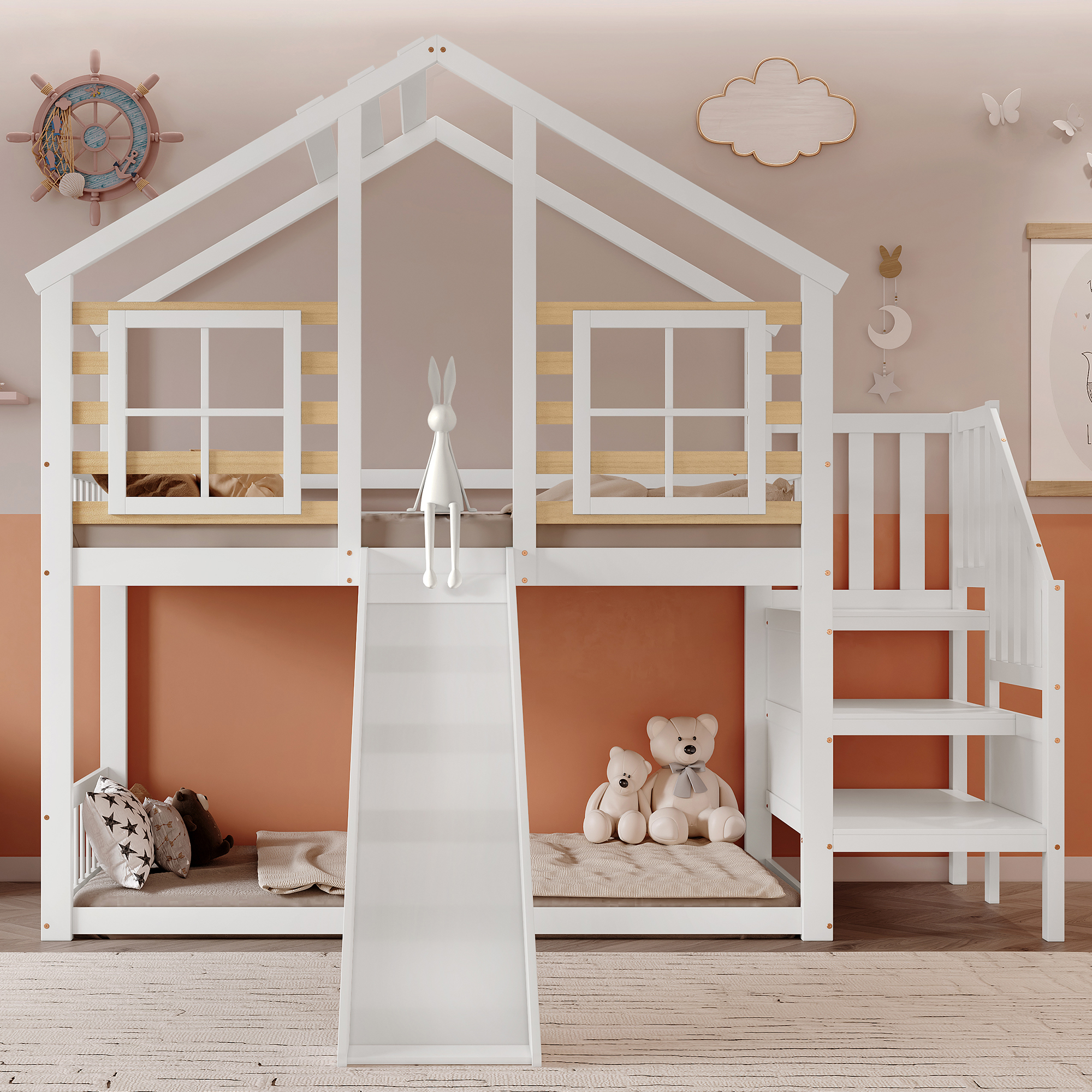 [30813839WAA] Etagenbett, Holzbett mit Treppe und 