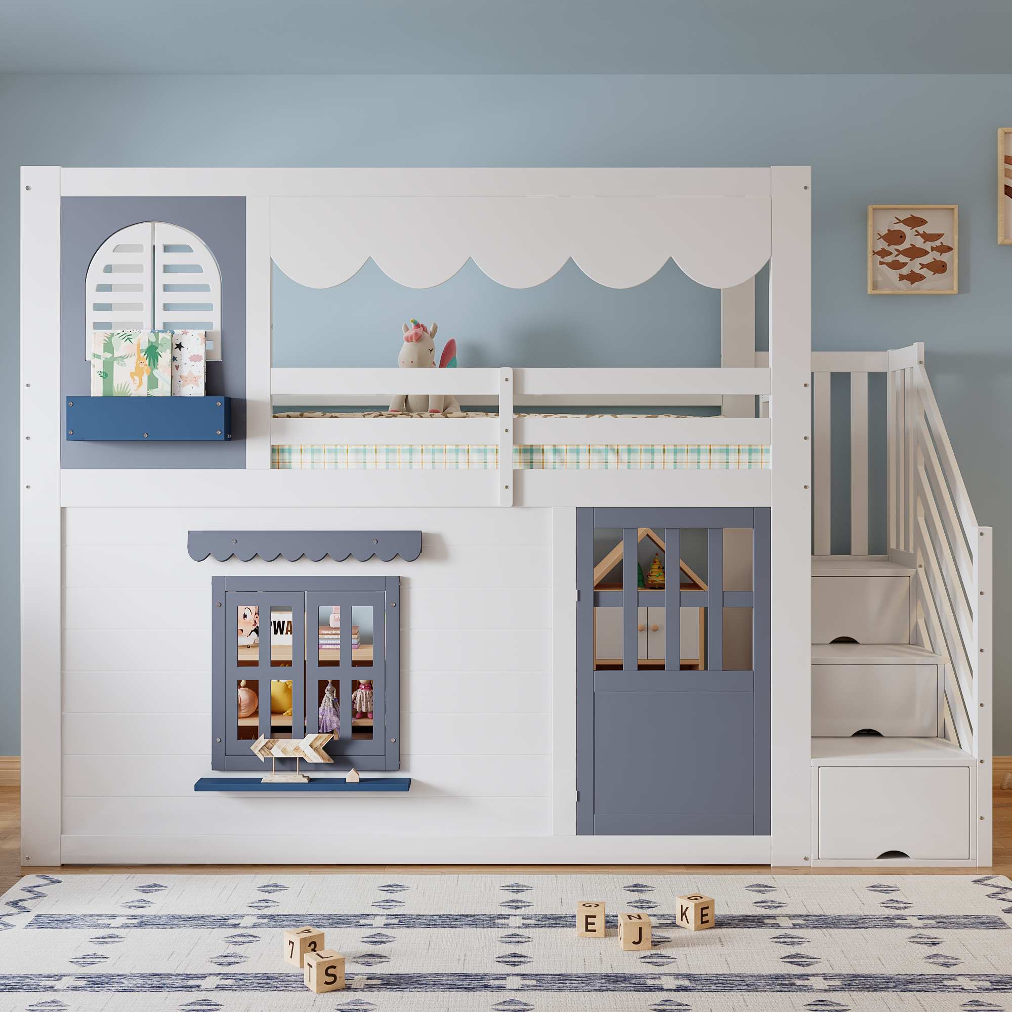 Lit Maison pour Enfant 90×200 cm – Rangement & Espace de Jeu – Escalier de rangement pratique