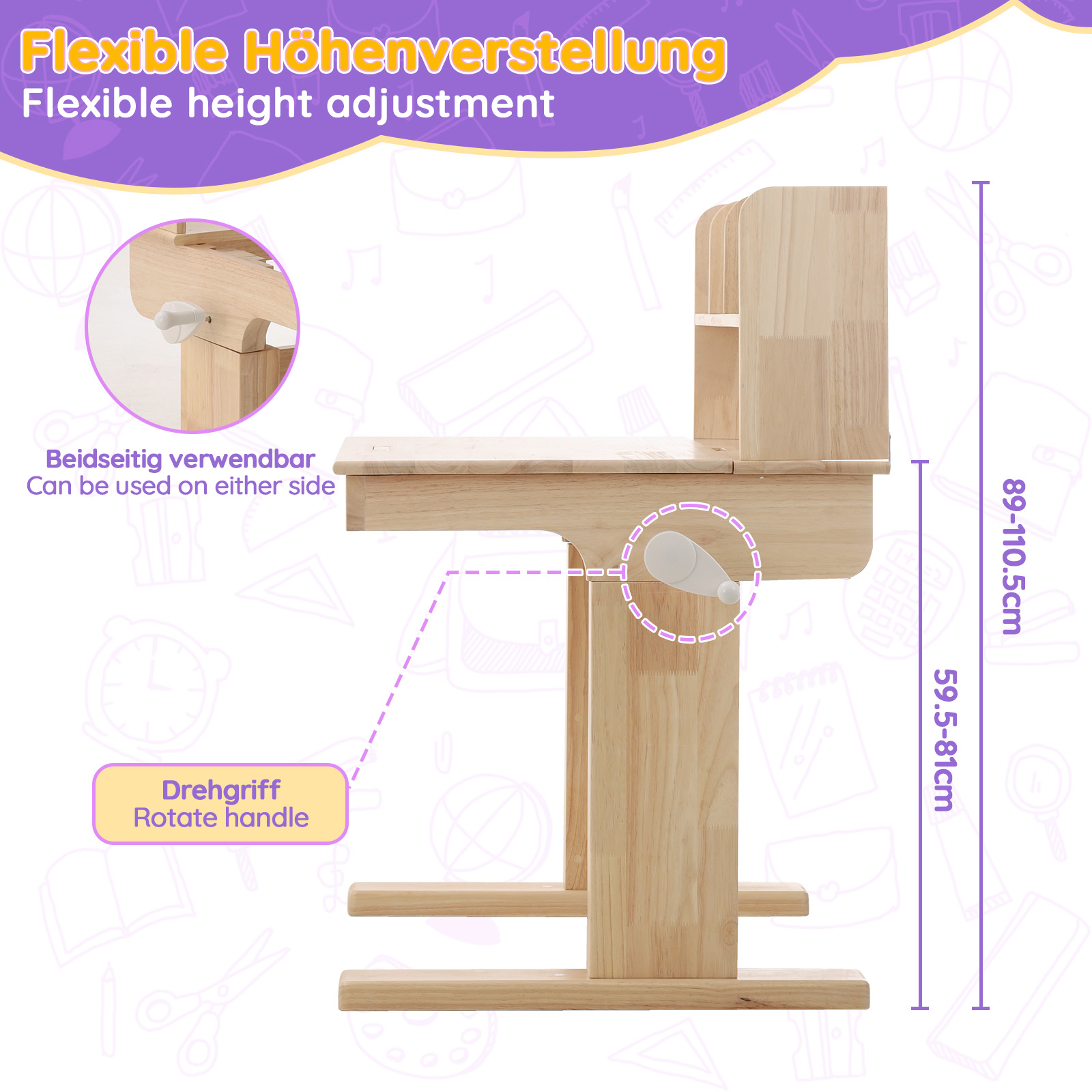 Bureau, pliable, hauteur réglable, rangement intégré, 92 x 60 x 89 cm, bois massif, bois naturel - vue 3