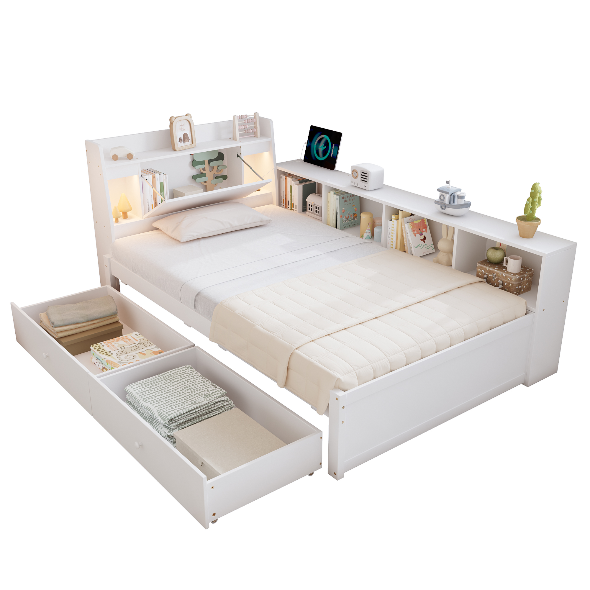 Lit simple 90 x 200 cm 220,5x113x80 cm avec rangements en bois massif et MDF blanc - spécifications 1