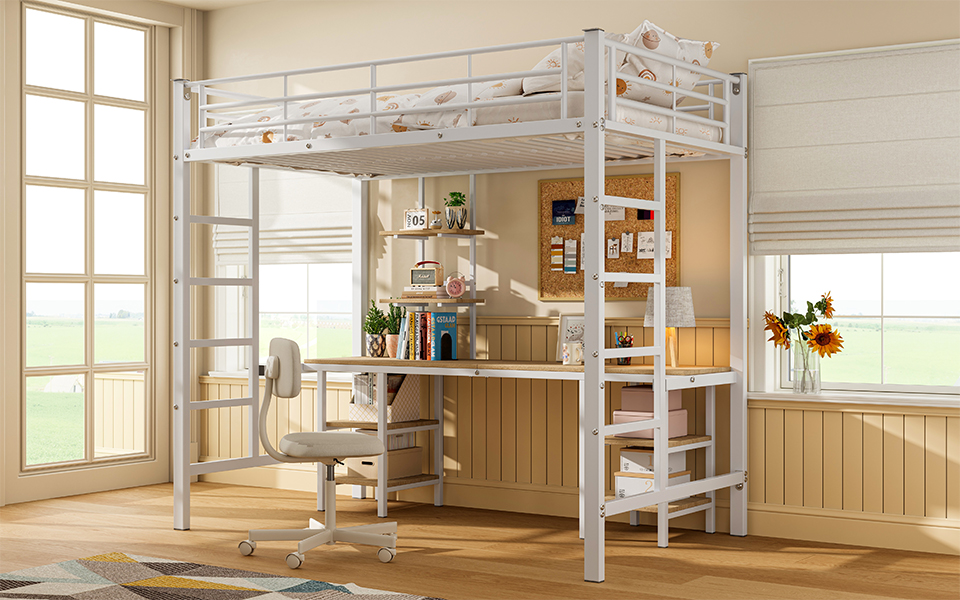 Lit superposé en fer avec bureau et étagères niveau inférieur, pour chambre d'enfant, construction robuste, design polyvalent, maximise espace, étude et jeu, stabilité, sécurité, style fonctionnel moderne - image 3