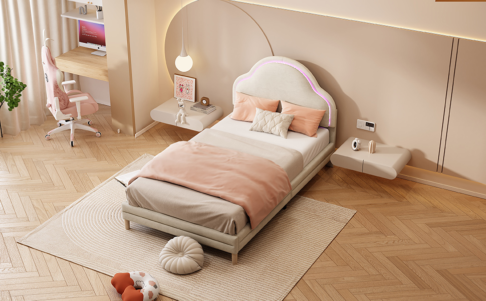 Lit capitonné en velours beige avec tête de lit nuage et LED multicolore, 90x200 cm 6