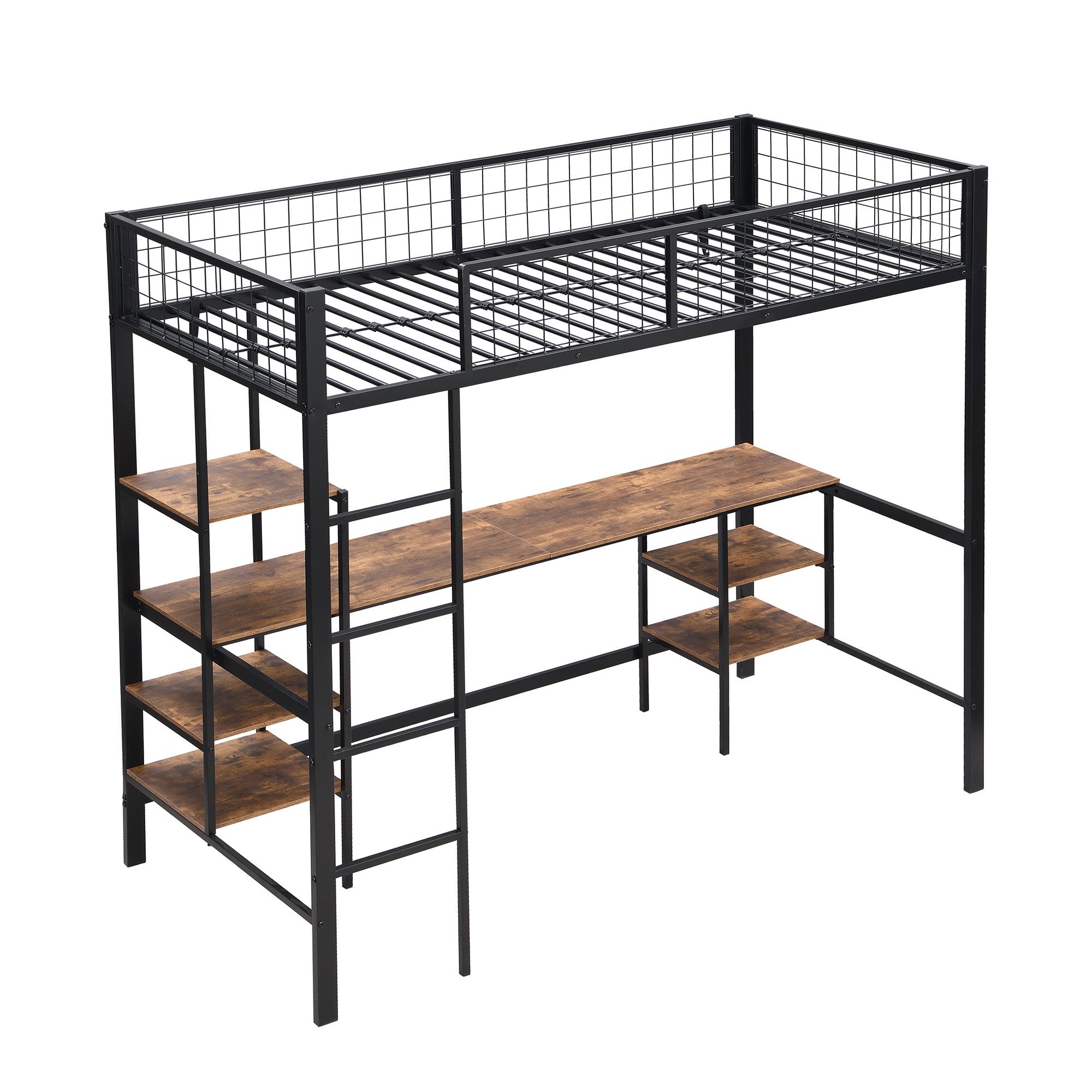 Lit superposé en fer avec échelle 4 marches, niveau inférieur transformé en espace travail et divertissement avec bureau et étagères, design polyvalent maximise l'espace, robuste et durable, pour chambre d'enfant - image 13