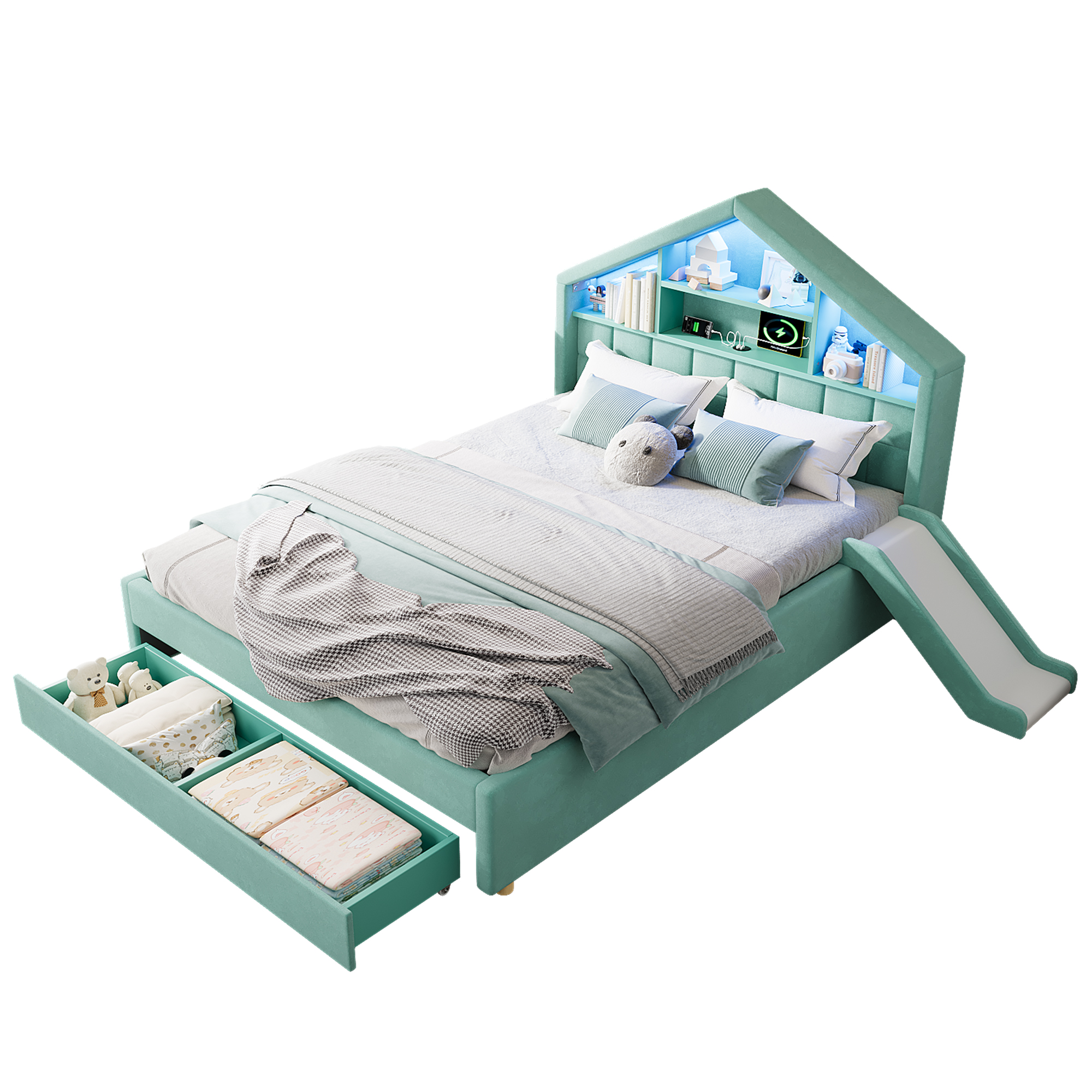 Lit cabane 140 x 200 cm avec échelle, toboggan, LED, ports de charge, velours, Bleu-vert - fonctions