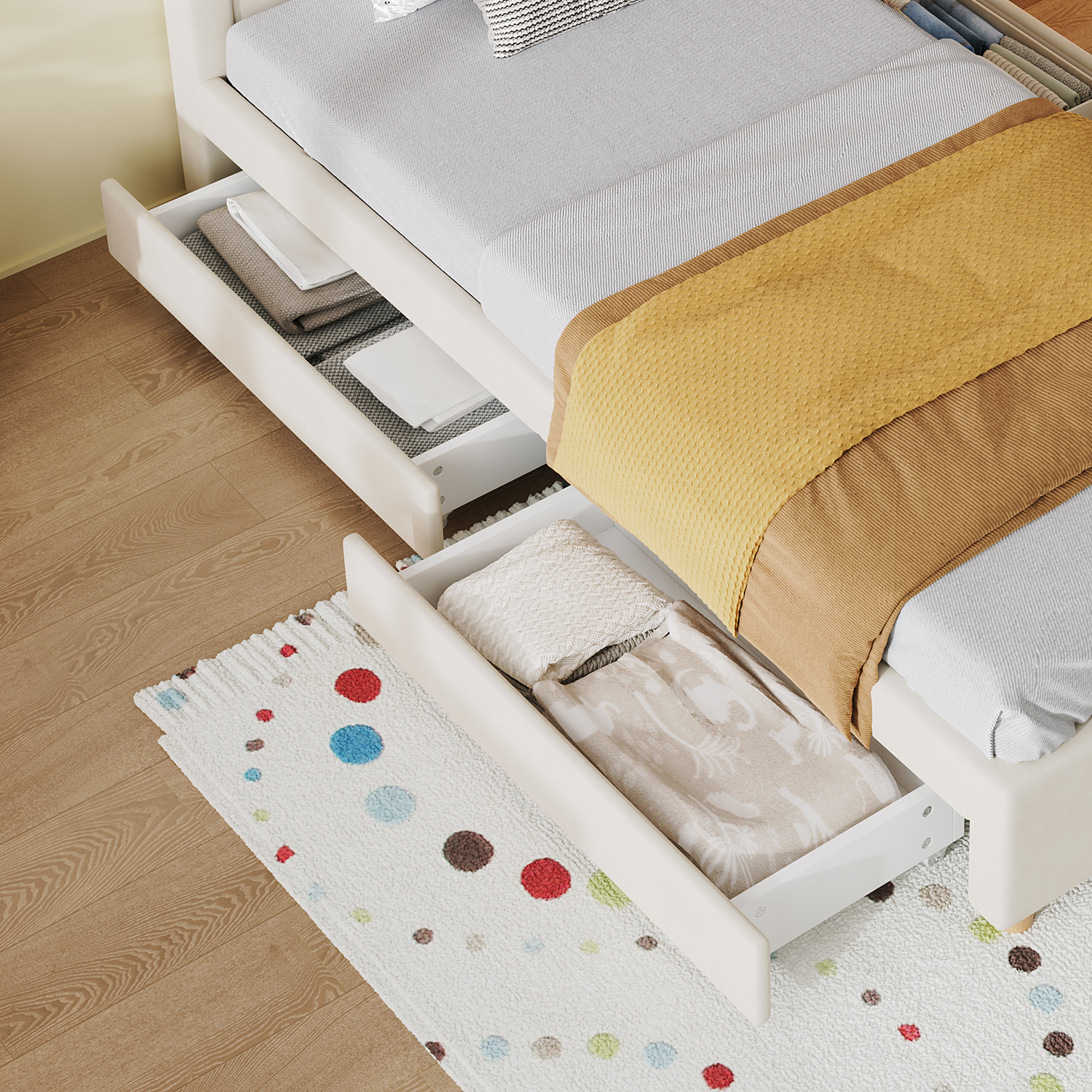 Lit cabane 90 x 200 cm avec 4 tiroirs, LED, ports de charge, velours, Beige - vue complémentaire