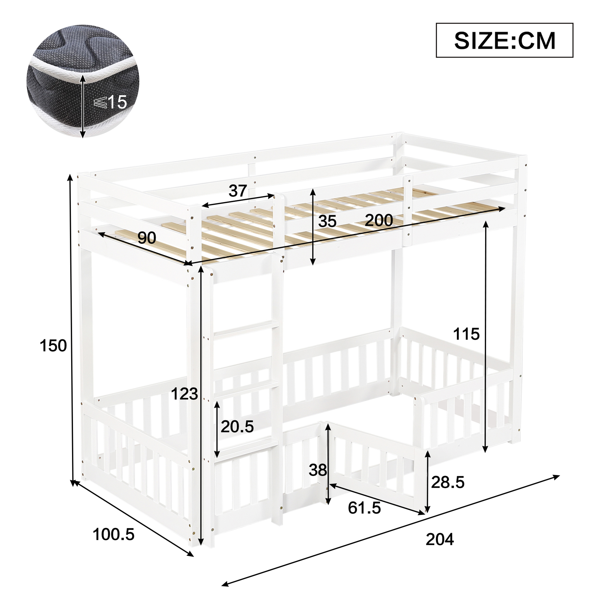 Lit superposé 90 x 200 cm, escalier d’angle, garde-corps, espace sous le lit aménageable, rangements intégrés, bois de pin, blanc, 204 x 100,5 x 150 cm 🛏️🪜 - vue complémentaire 1