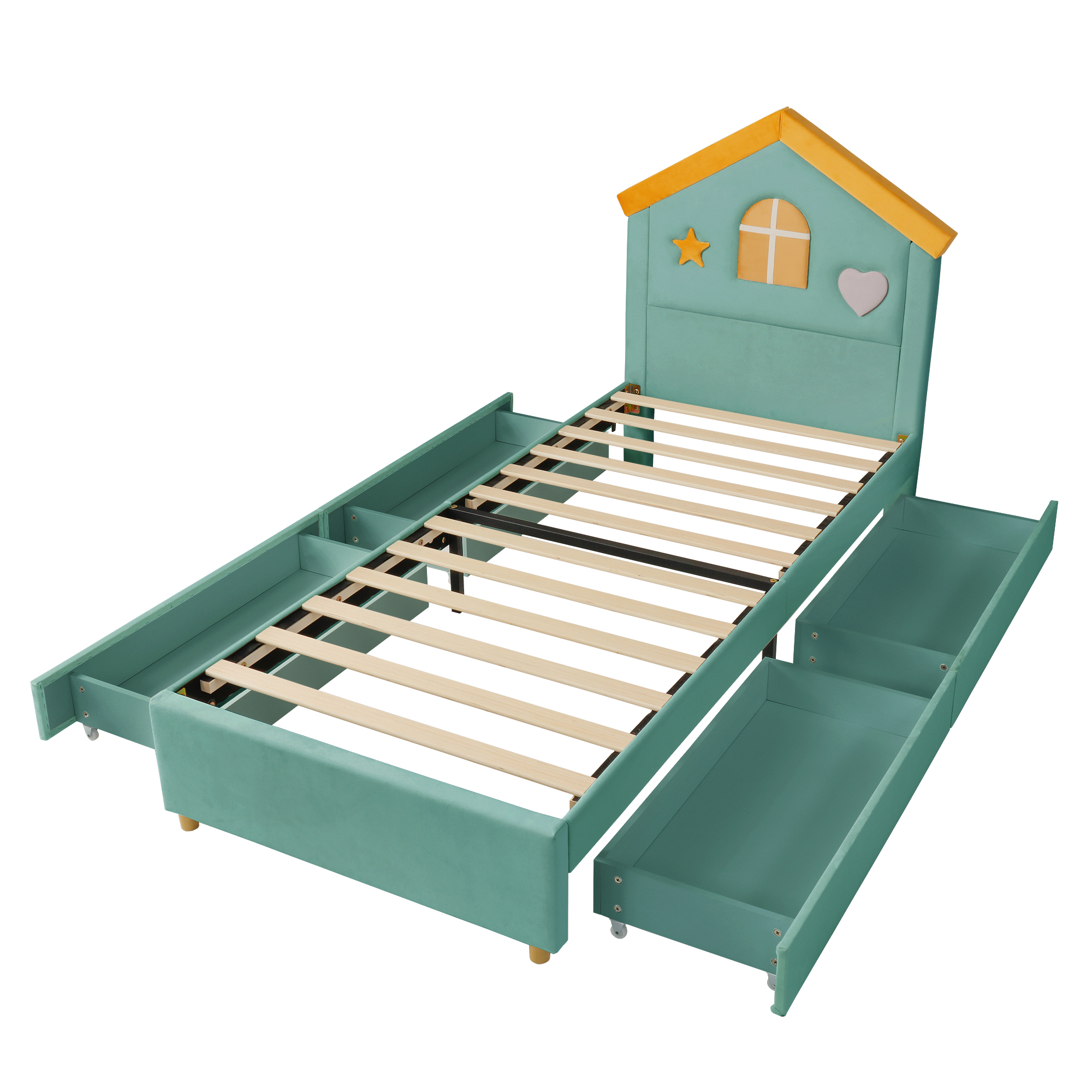 Lit cabane 90 x 200 cm avec 4 tiroirs, LED, ports de charge, velours, Bleu-vert - dimensions et détails