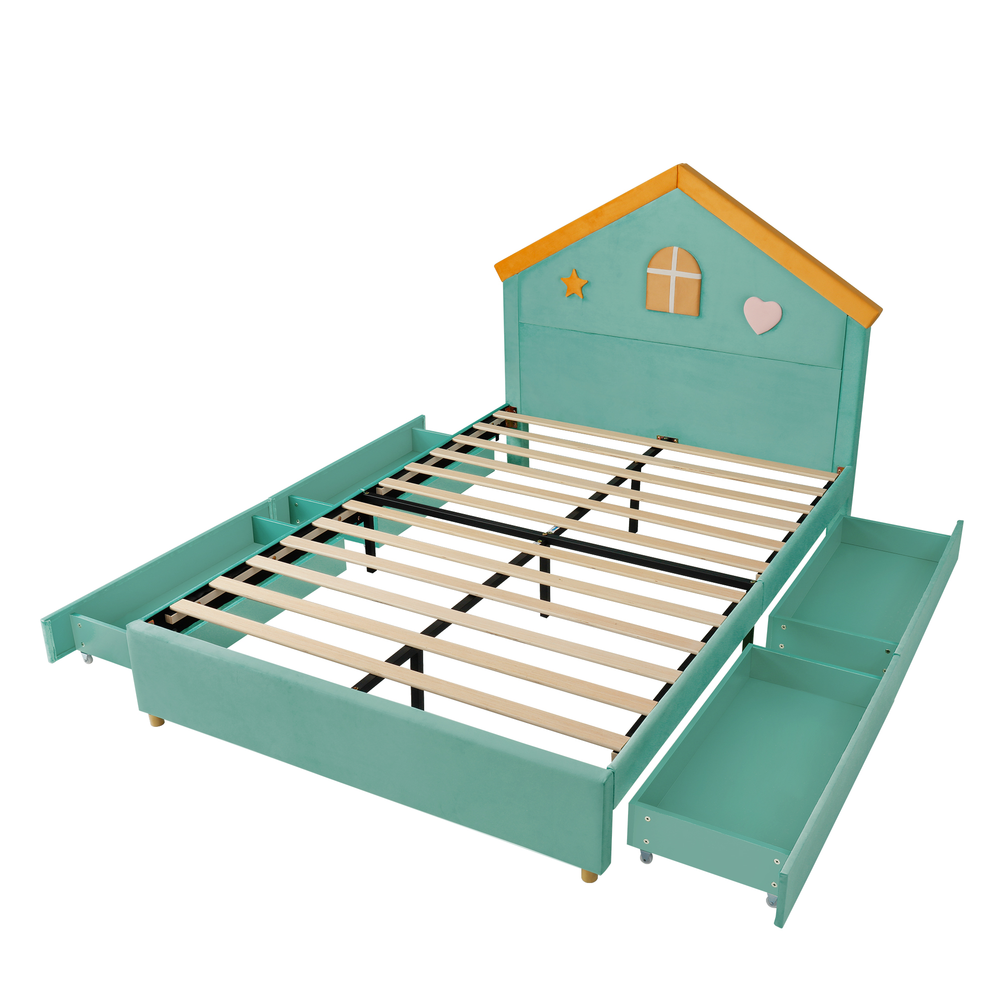 Lit cabane 140 x 200 cm avec 4 tiroirs, LED, ports de charge, velours, Bleu-vert - dimensions et détails
