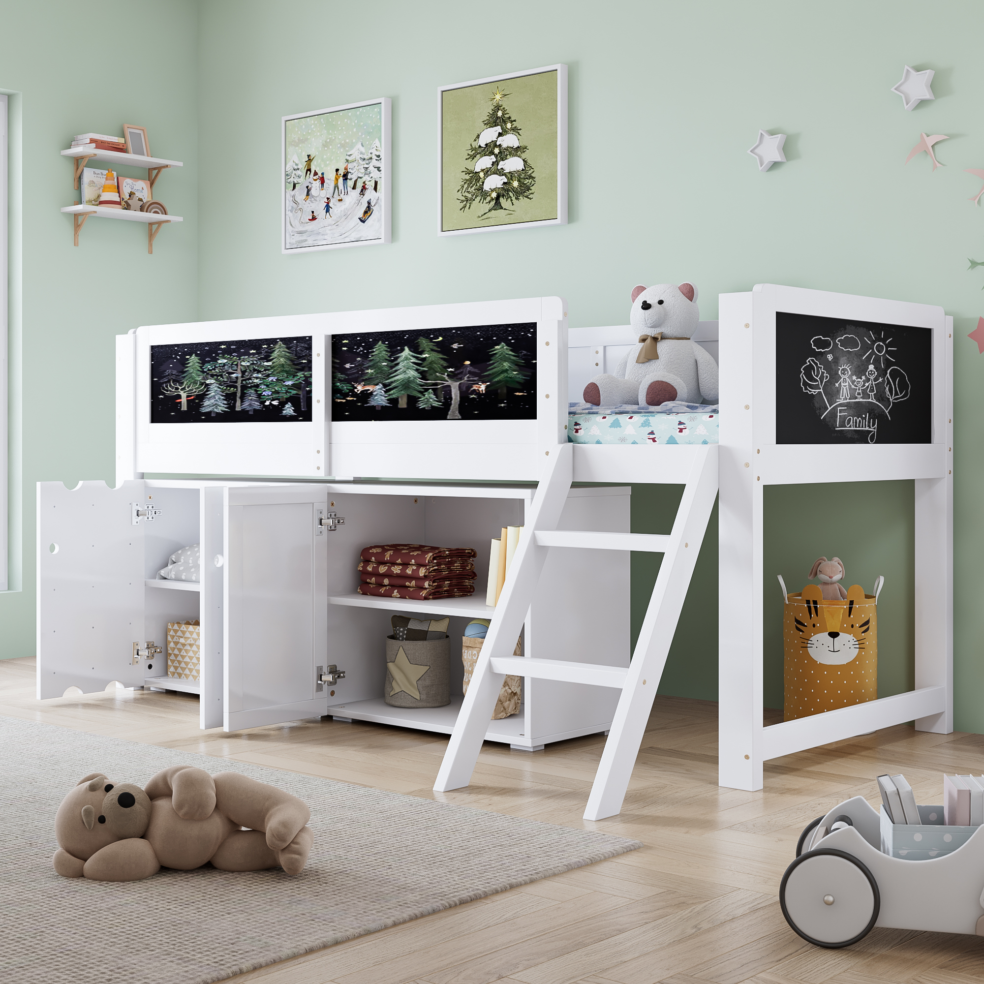 Lit surélevé pour enfants avec placard à deux portes et tableau de dessin