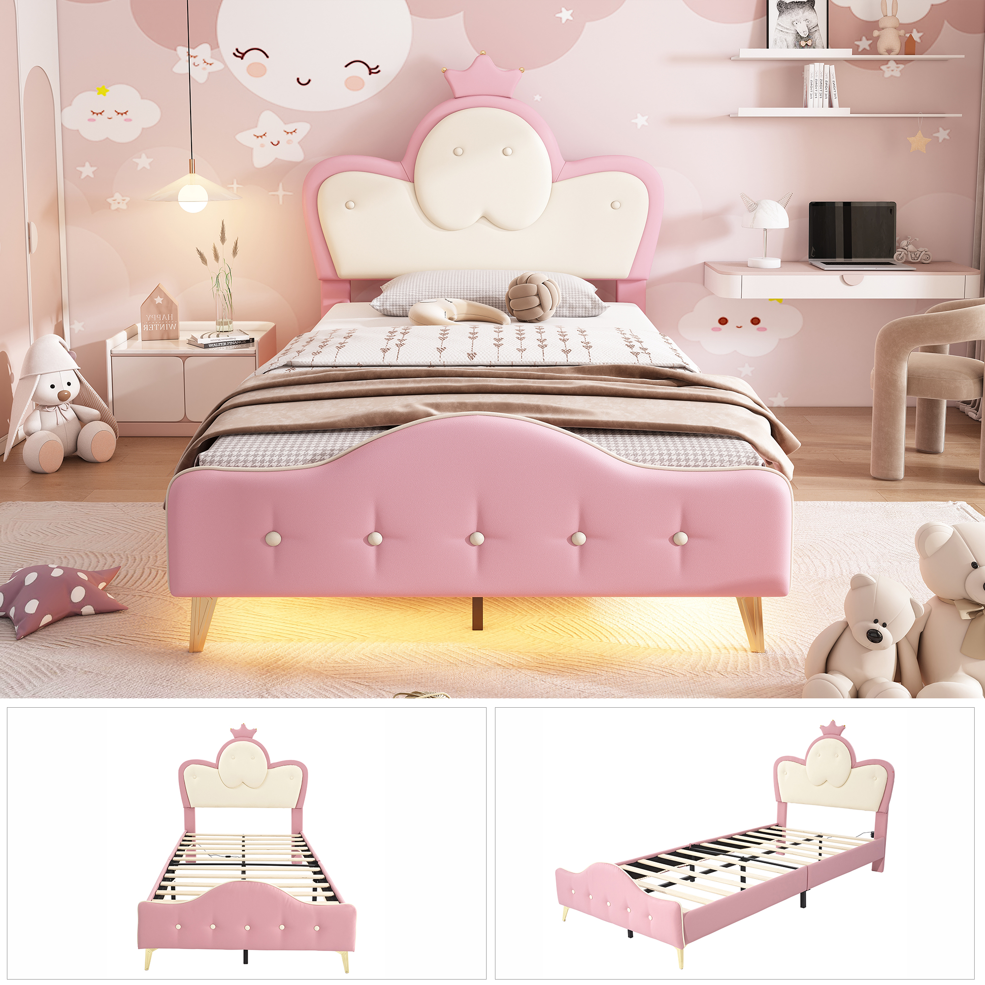 Lit enfant capitonné en PU rose et blanc avec tête de lit couronne et LED, 90x200 cm 5