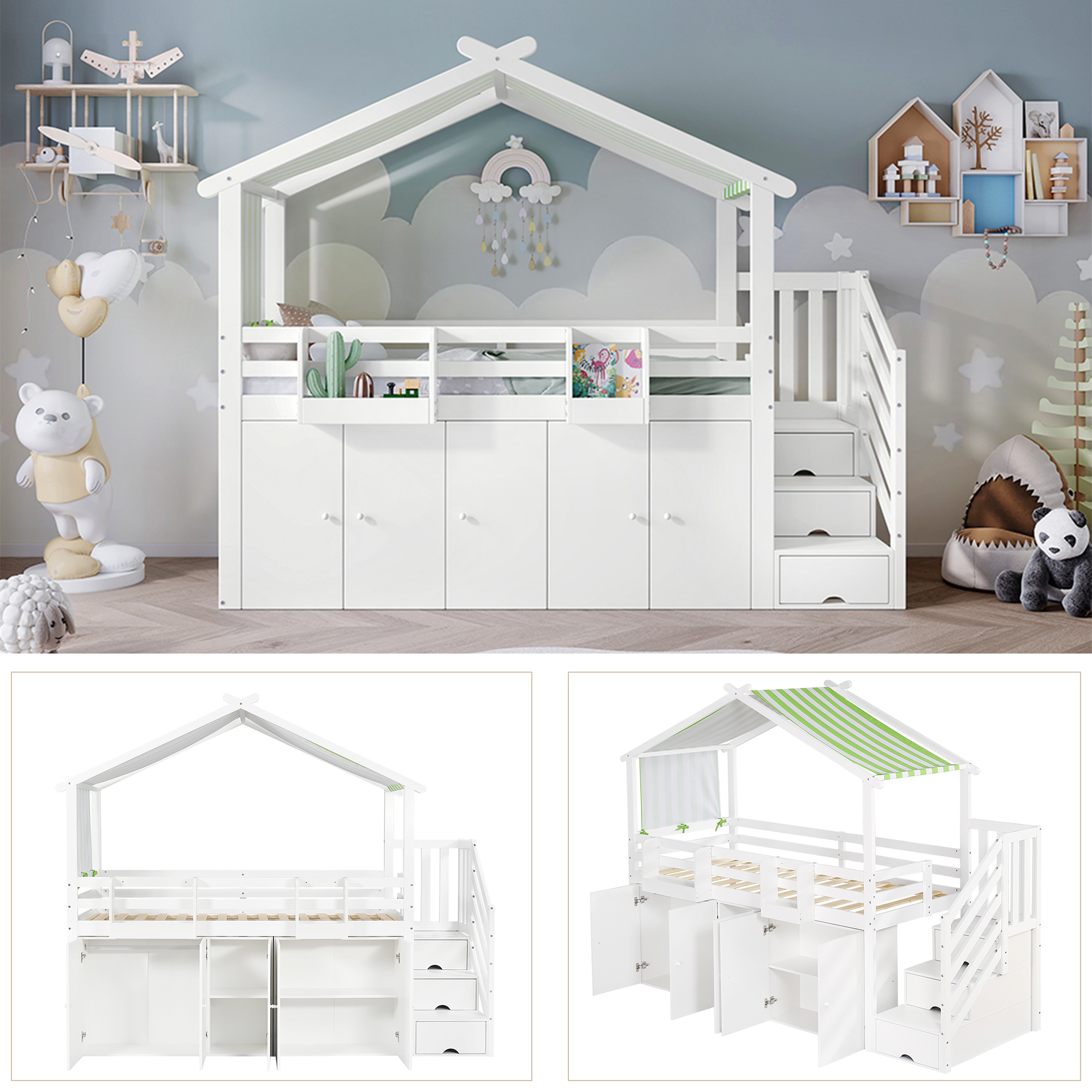 Lit mezzanine enfant avec placard, casiers et escalier de rangement, pin et MDF, blanc et vert, 90x200 cm 5