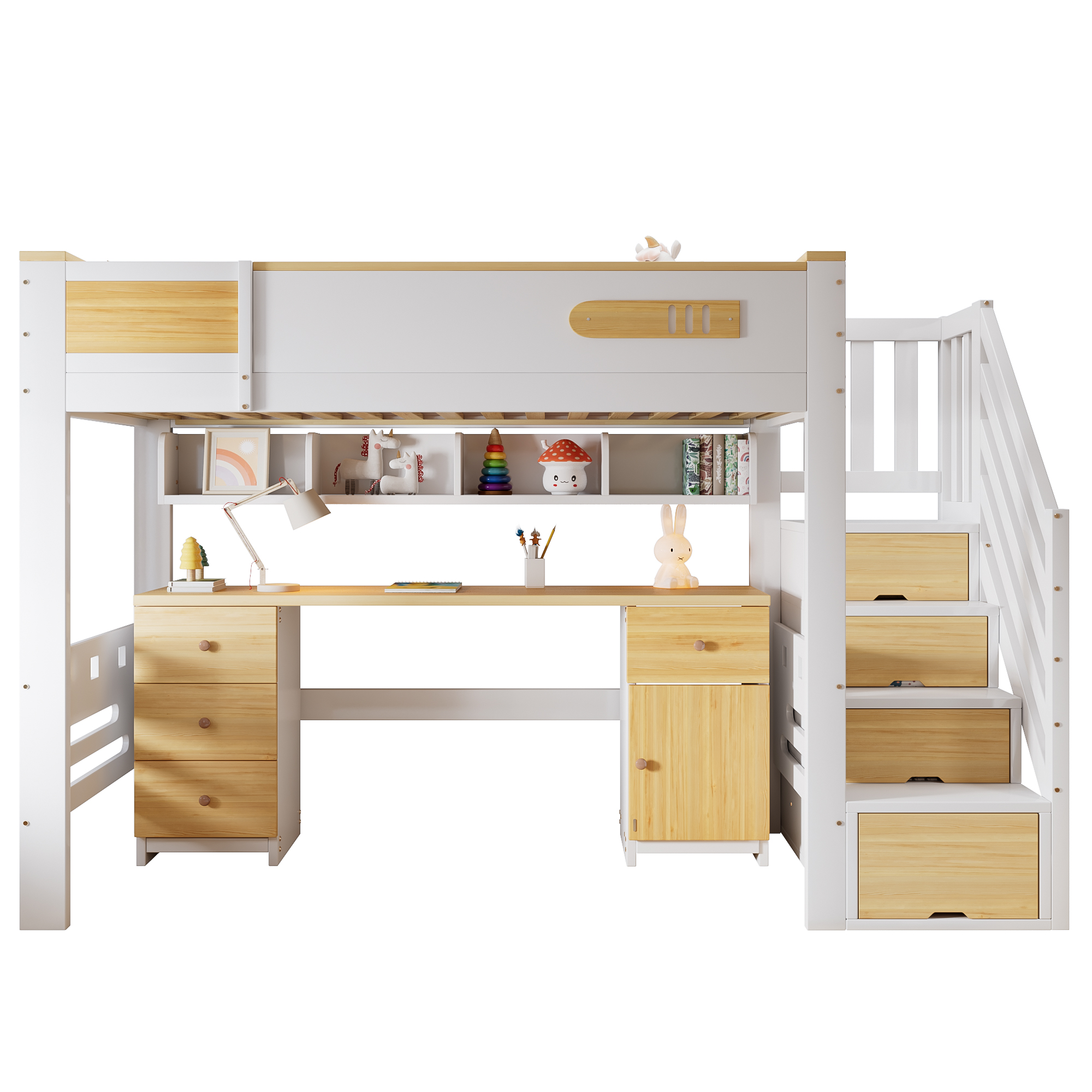 Lit mezzanine 90 x 200 cm avec bureau, escalier avec rangement, LED, rangements, bois massif et MDF, Blanc et effet bois naturel - fonctions