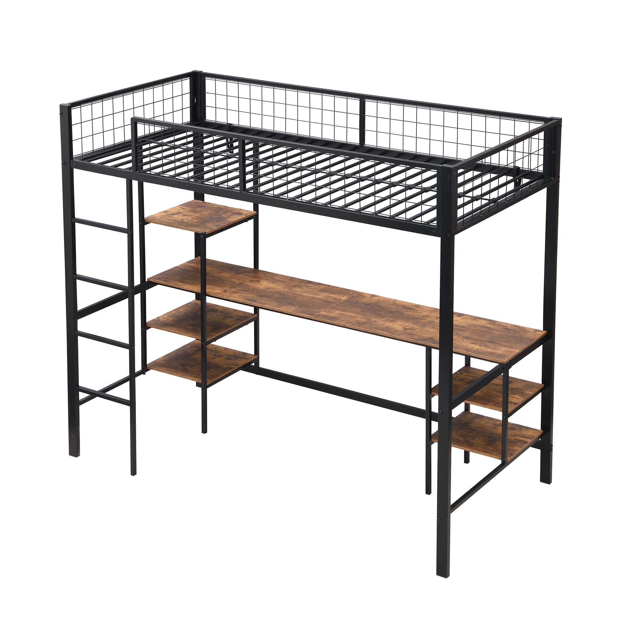 Lit superposé en fer avec échelle 4 marches, niveau inférieur transformé en espace travail et divertissement avec bureau et étagères, design polyvalent maximise l'espace, robuste et durable, pour chambre d'enfant - image 15