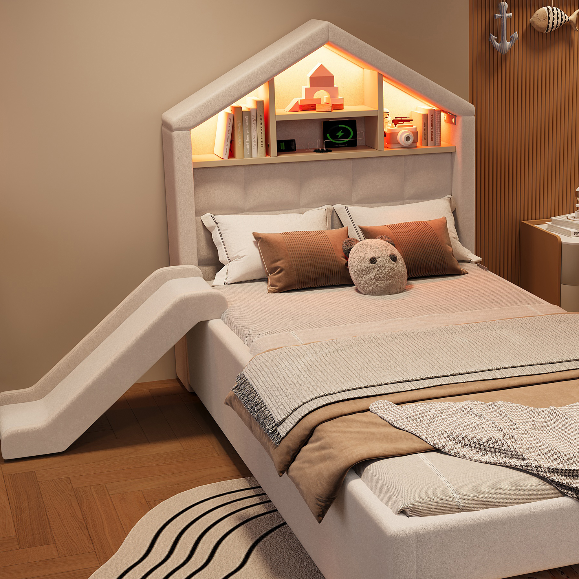 Lit cabane 90 x 200 cm avec échelle, toboggan, LED, ports de charge, velours, Beige - vue complémentaire