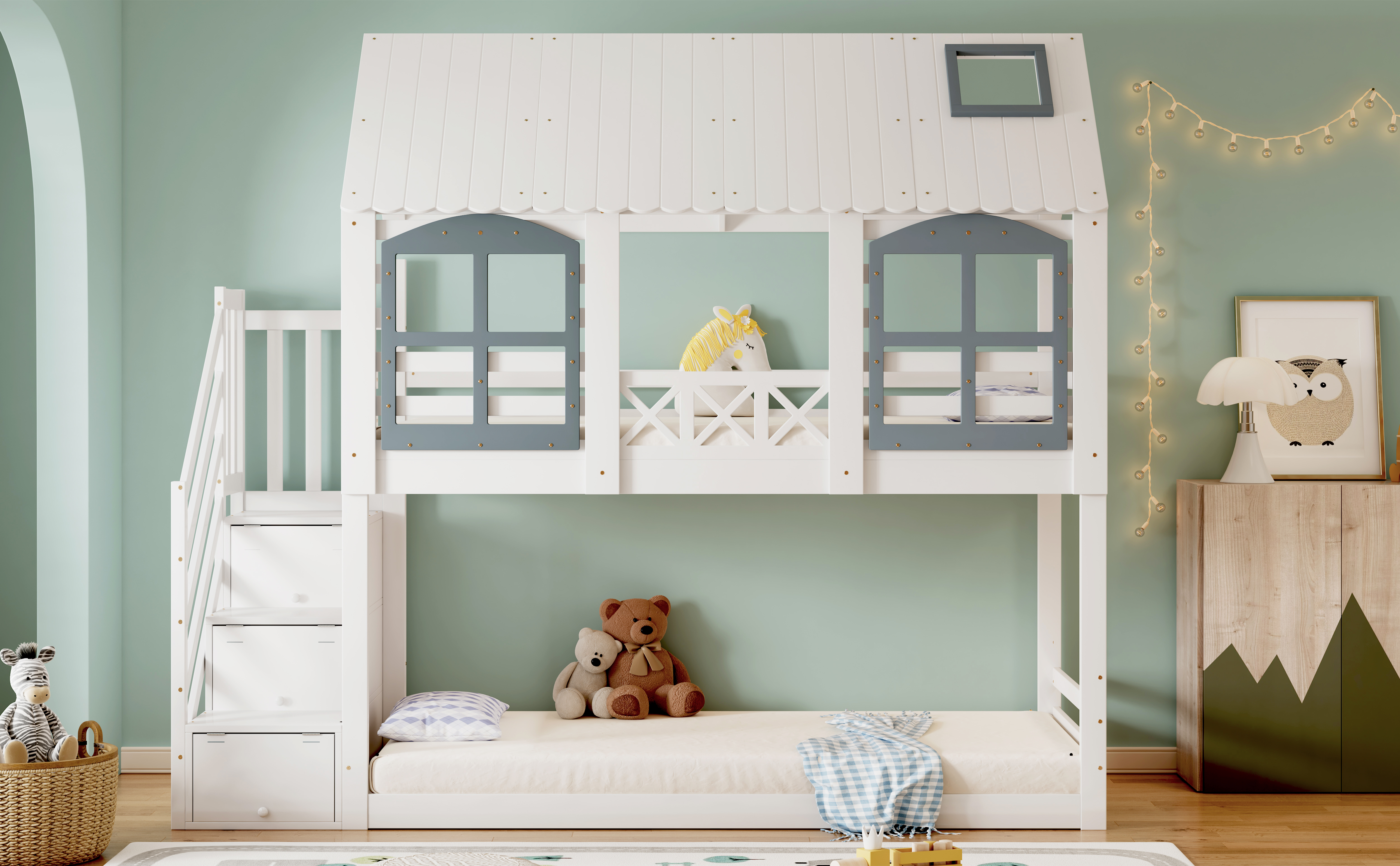 Lit mezzanine enfant avec toit, fenêtres, escalier de rangement, pin et MDF, blanc et gris, 90x200 cm 6