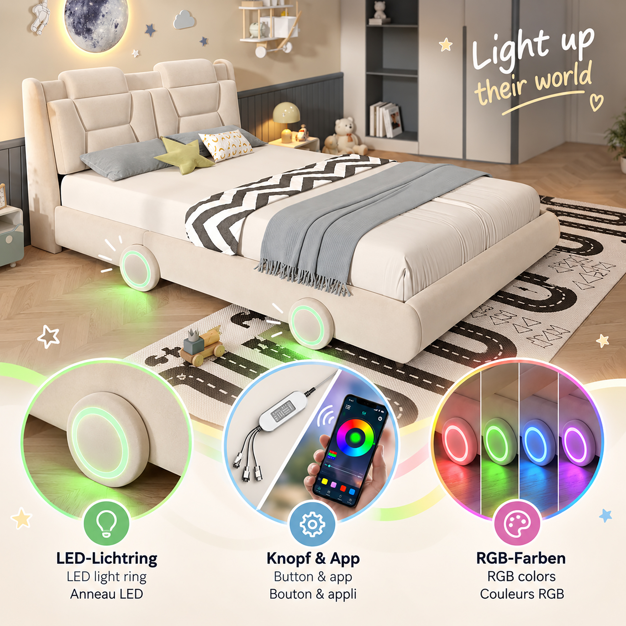 Lit voiture enfant beige avec roues lumineuses LED RGB, couleurs personnalisables et commande par bouton et application