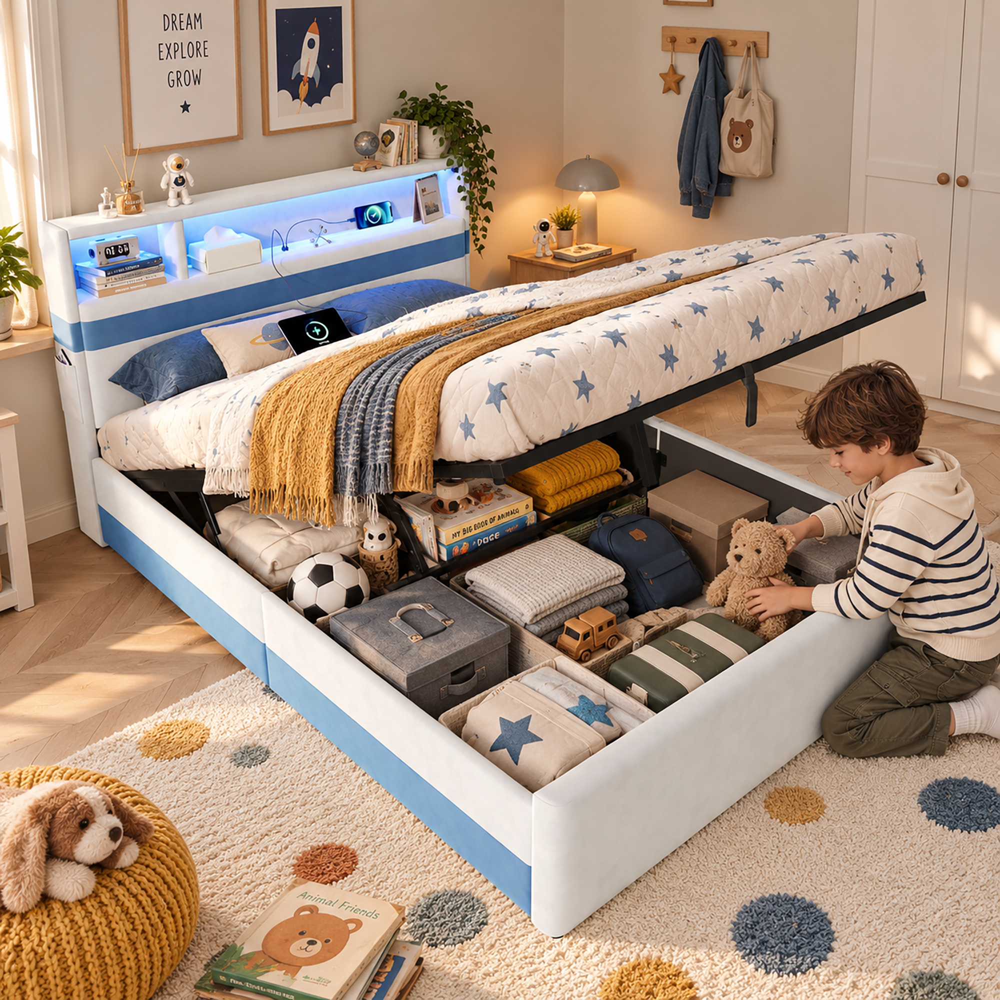 Vue générale du lit coffre 140 × 200 cm blanc et bleu avec led et usb