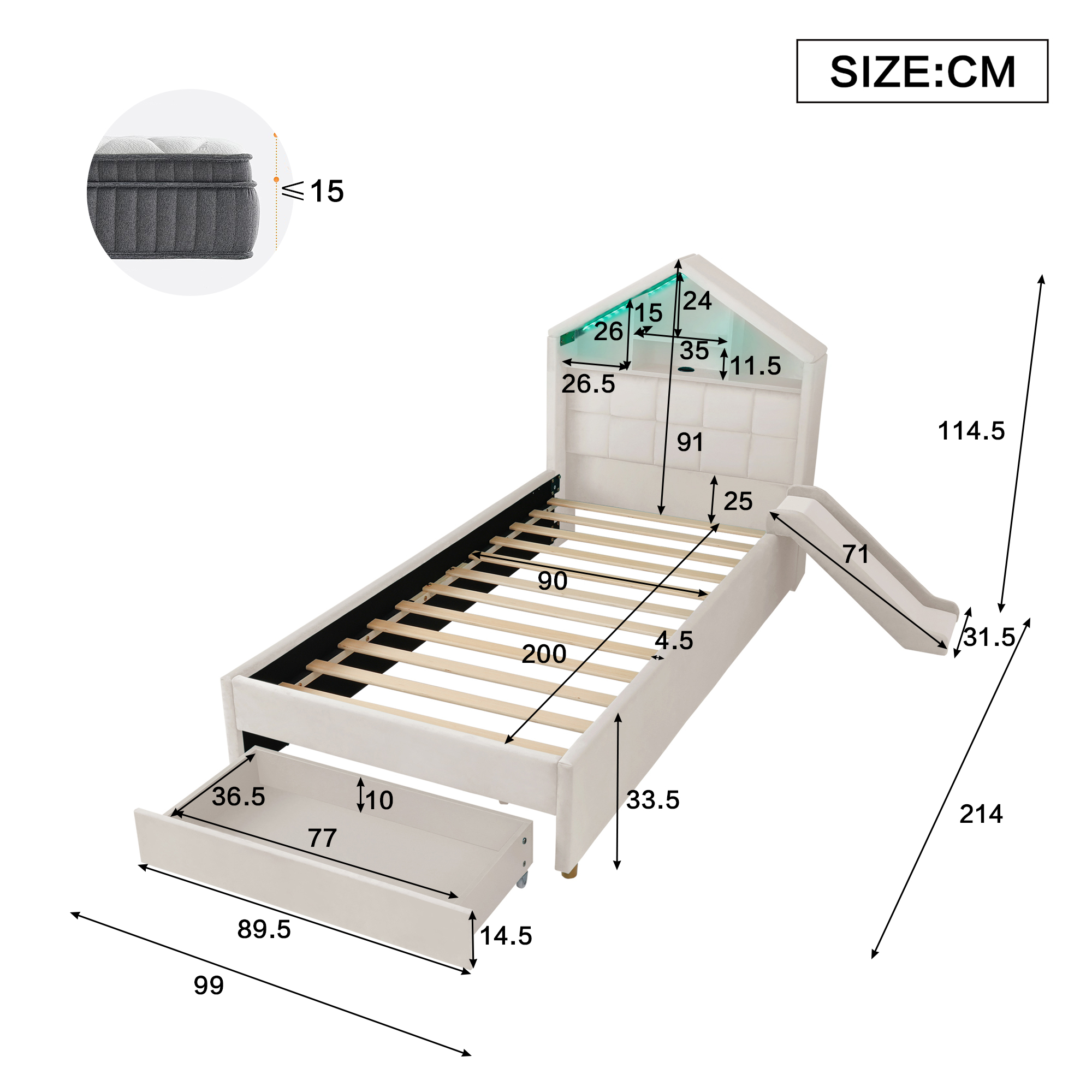 Détails du toboggan, de la tête de lit avec rangements et de l’éclairage LED du lit enfant Beige 90 x 200 cm