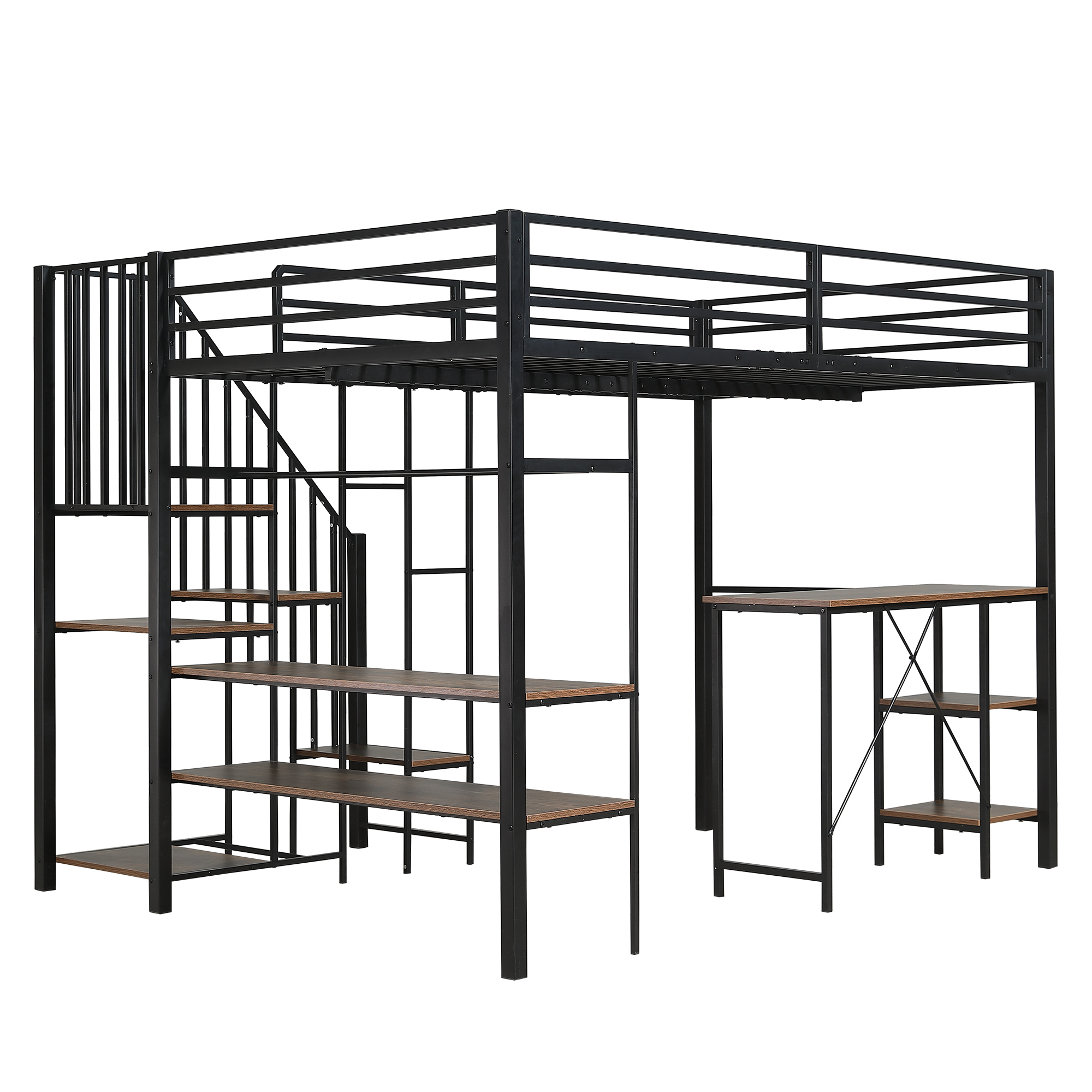 Lit mezzanine en fer avec bureau, étagères ouvertes, penderie ouverte latérale avec tringle, échelle-coffre 4 marches, pour chambre et étude, beaucoup de rangement, utilisation polyvalente, stabilité, fonctionnalité - image 18