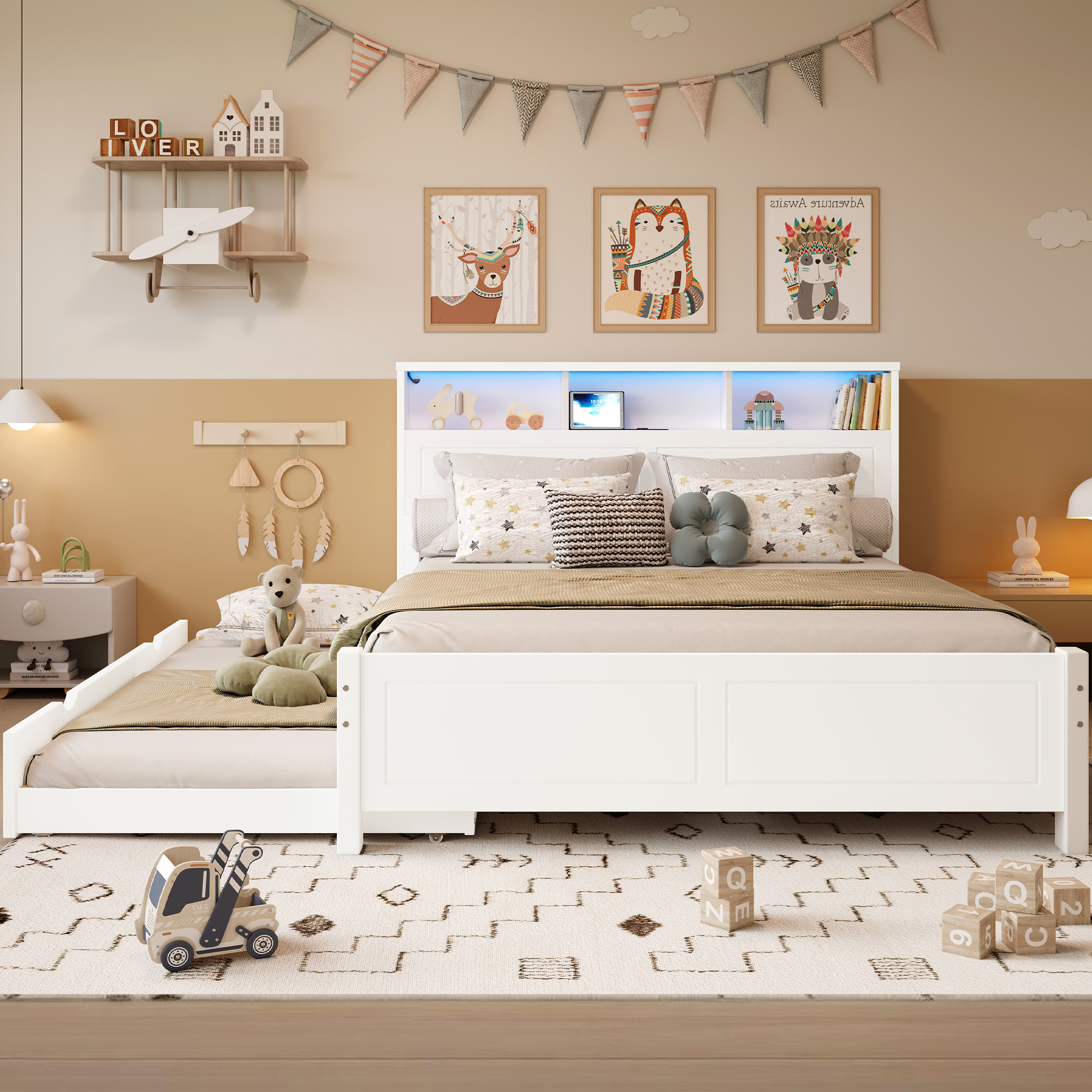 Lit double familial avec lit tirant 90x190 cm, LED et rangements, pin et MDF, blanc, 120x200 cm 1
