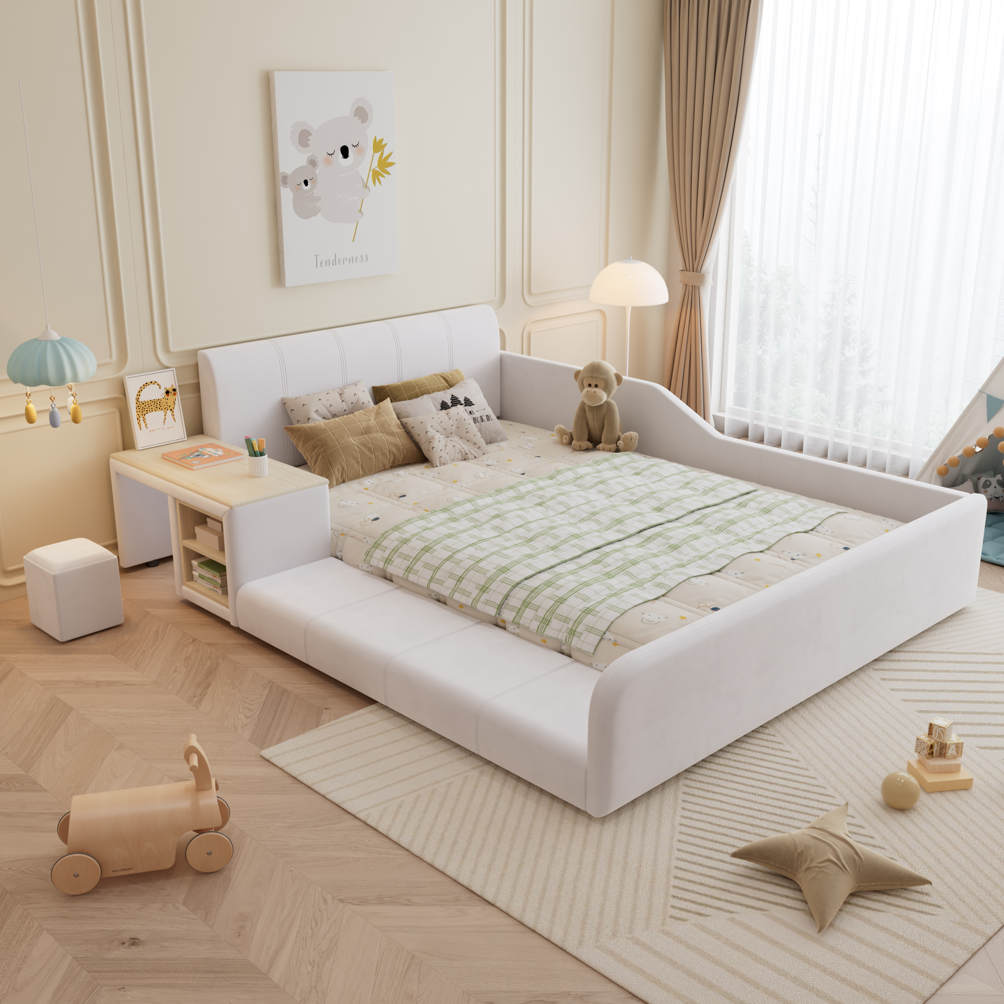 Polsterbett mit Kinderschreibtisch und Hocker, Mit
