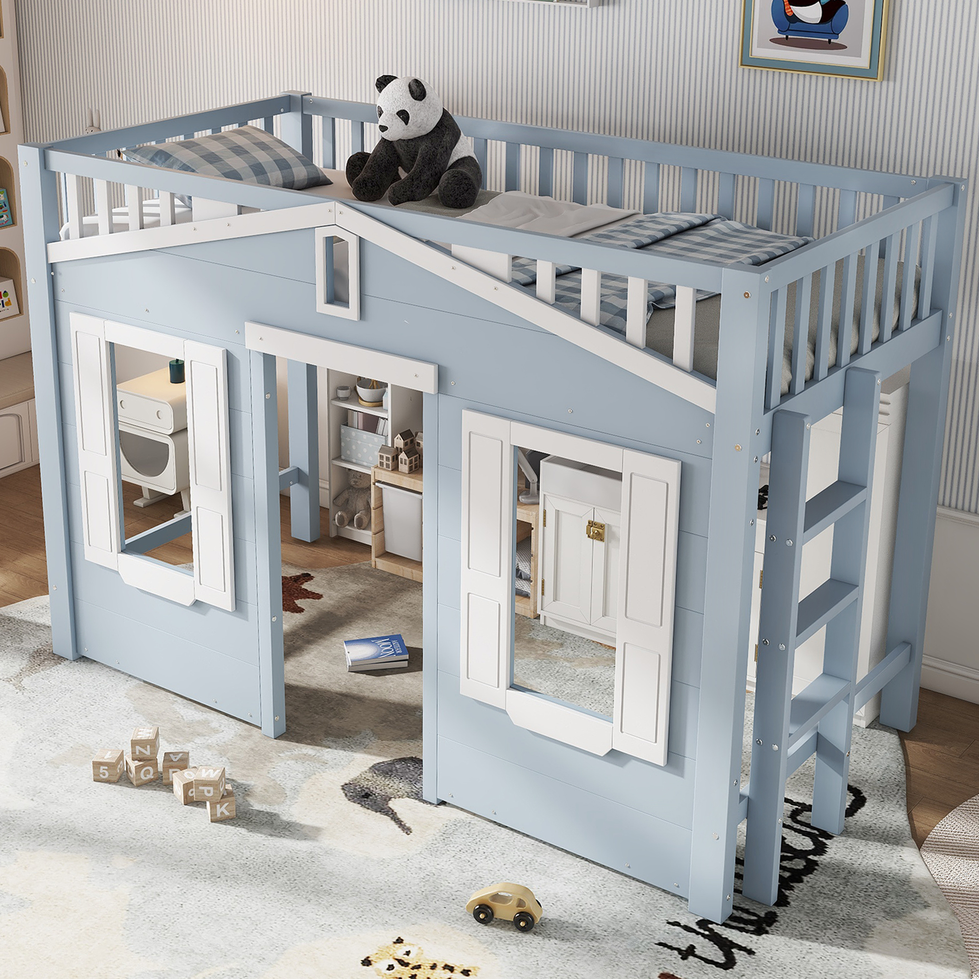 Lit mezzanine 90 x 200 cm, escalier, design cabane, espace sous le lit aménageable, bois de pin, blanc et bleu, 210 x 95 x 135 cm 🏠 - vue principale 1