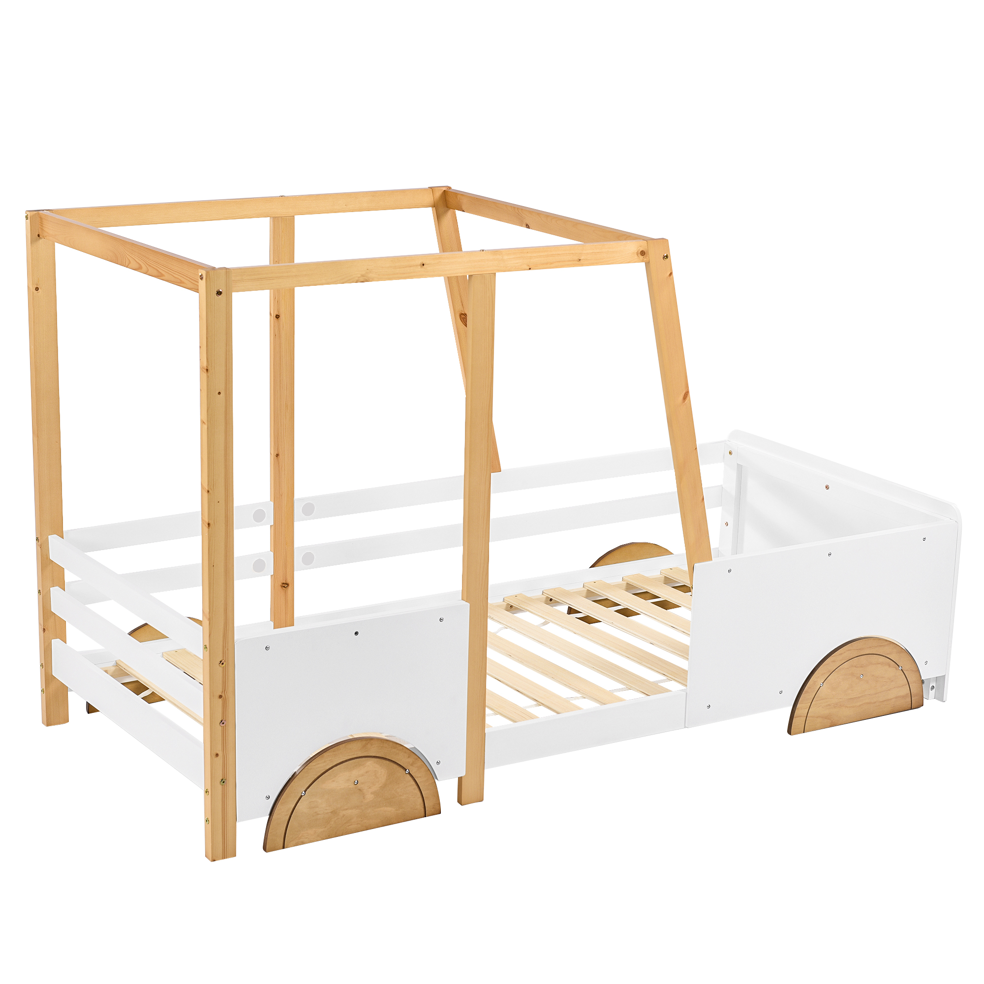 Lit enfant en forme de voiture, couleurs blanc/naturel/marron, autocollants vis, pour chambre d'enfant, design ludique, rêve automobile, sécurité renforcée, style charmant, stabilité, décoration, fonctionnalité - image 8