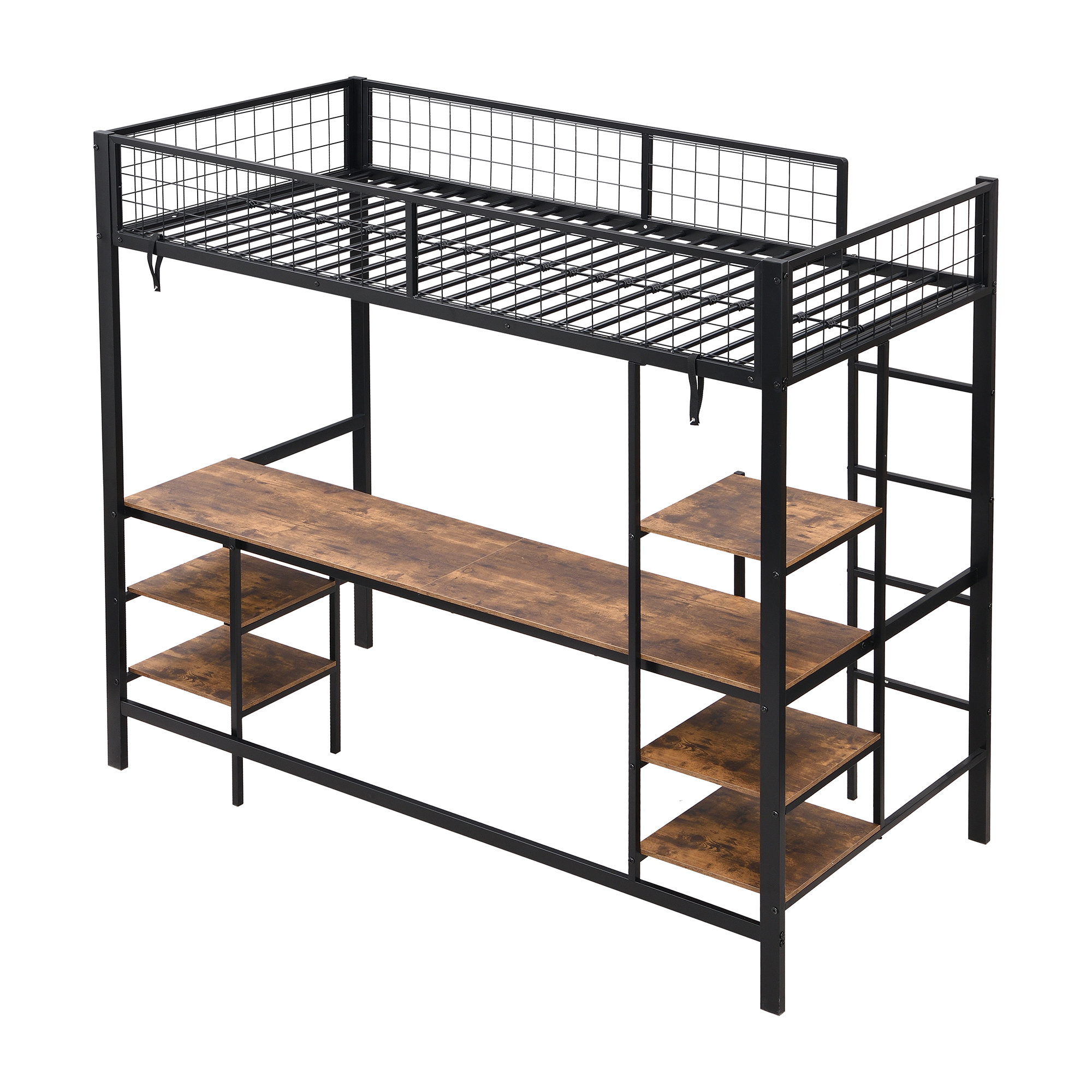 Lit superposé en fer avec échelle 4 marches, niveau inférieur transformé en espace travail et divertissement avec bureau et étagères, design polyvalent maximise l'espace, robuste et durable, pour chambre d'enfant - image 16