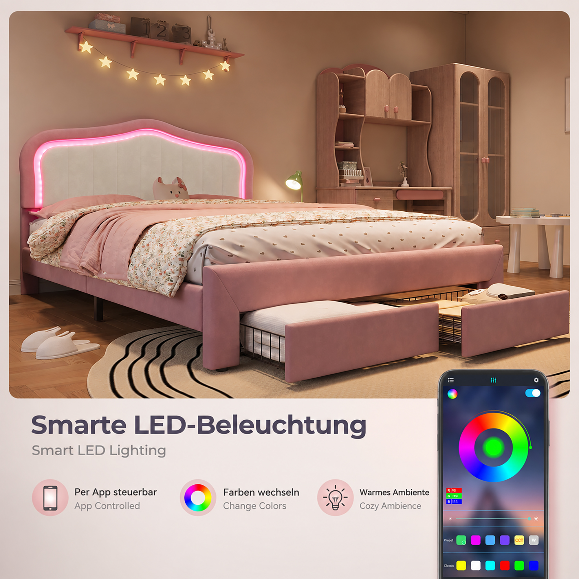 Présentation du lit enfant rose avec rangement et LED