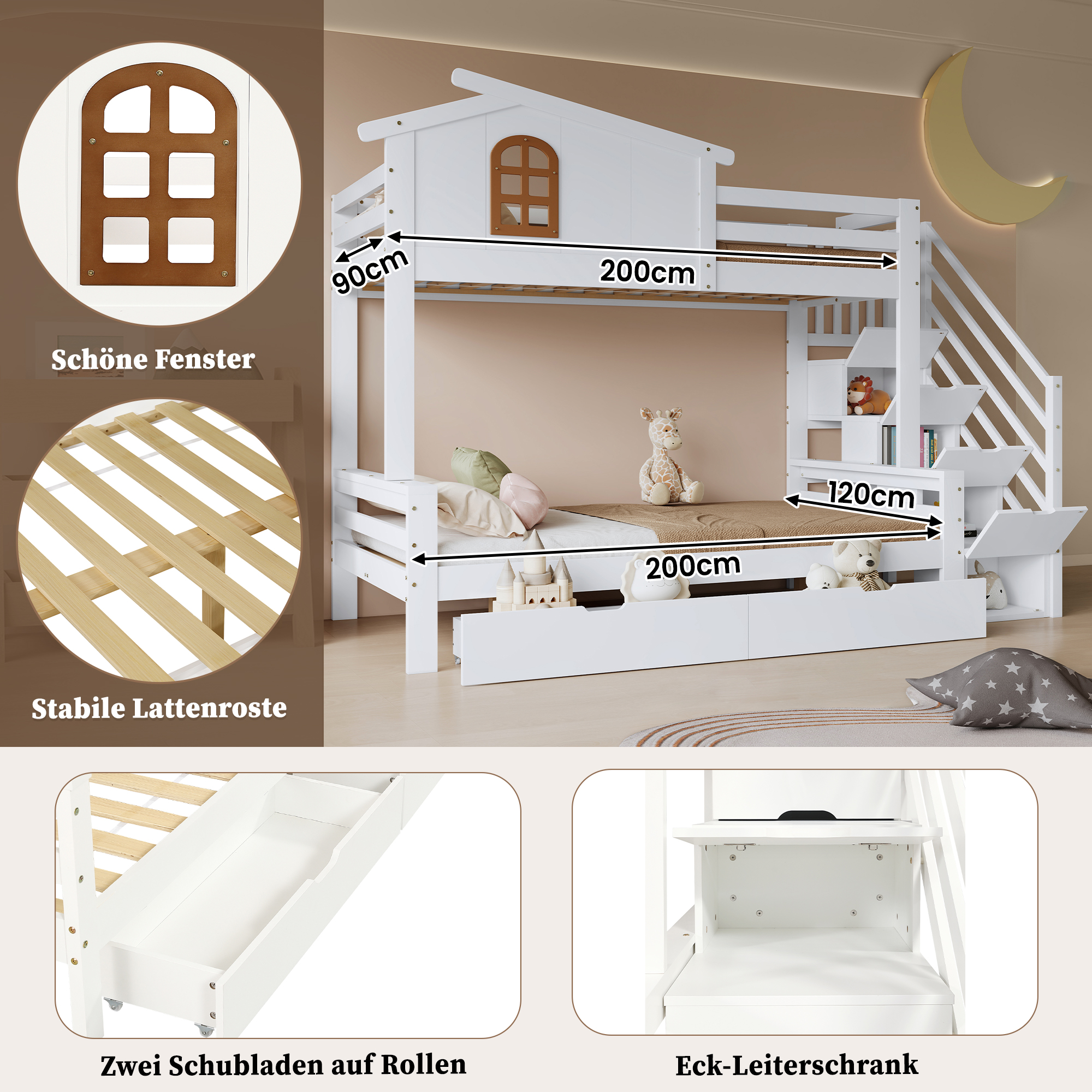 Lit superposé enfant pin/MDF/contreplaqué avec 2 tiroirs à roulettes, échelle-coffre d'angle, fenêtres exquises, pour chambre d'enfant, beaucoup de rangement, sécurité, design charmant, stabilité, durabilité - image 5