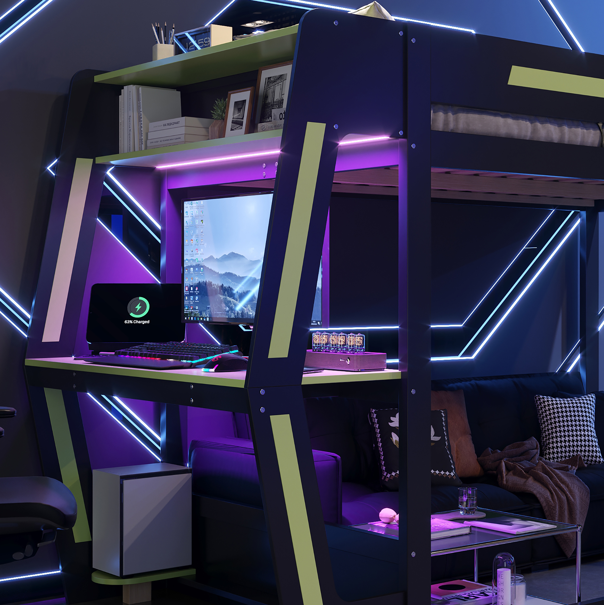 Bureau gaming intégré sous lit mezzanine