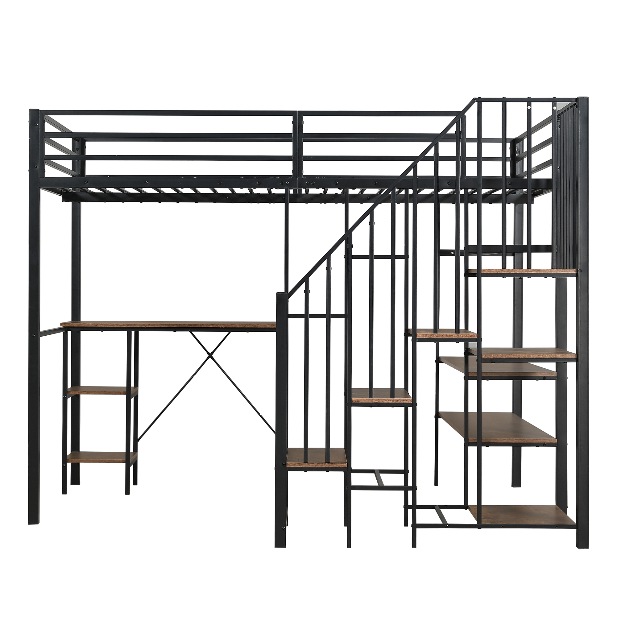 Lit mezzanine en fer avec bureau, étagères ouvertes, penderie ouverte latérale avec tringle, échelle-coffre 4 marches, pour chambre et étude, beaucoup de rangement, utilisation polyvalente, stabilité, fonctionnalité - image 13