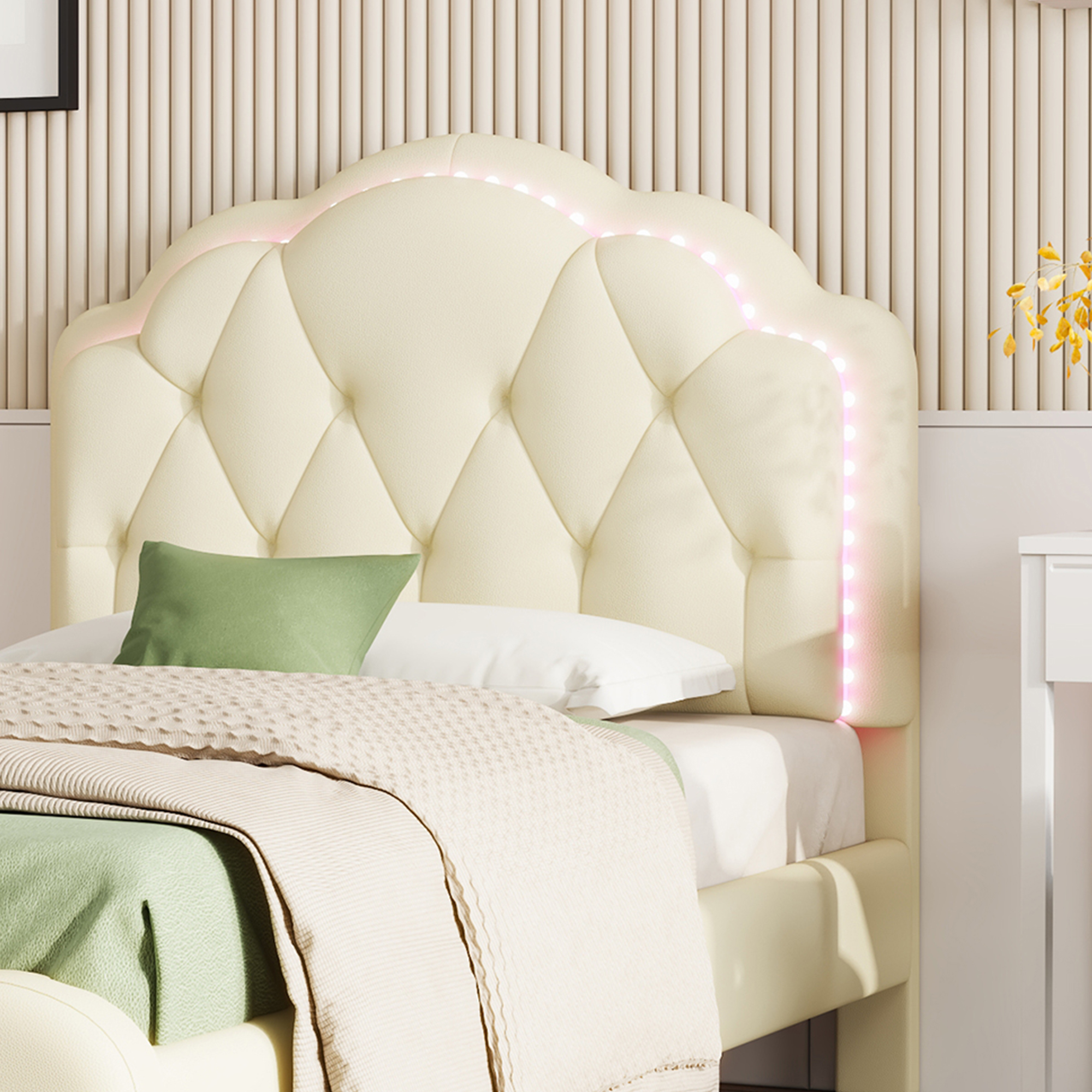 Lit enfant en PU avec LED multicolores effet course, tête ondulée avec boutons, pour chambre d'enfant, ambiance ludique, design élégant, confort, facile entretien, style moderne, fonctionnalité - image 18